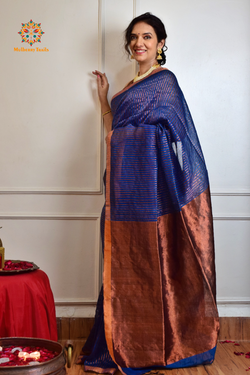 IRA: Premium Linen Sarees with Copper Zari - Blue