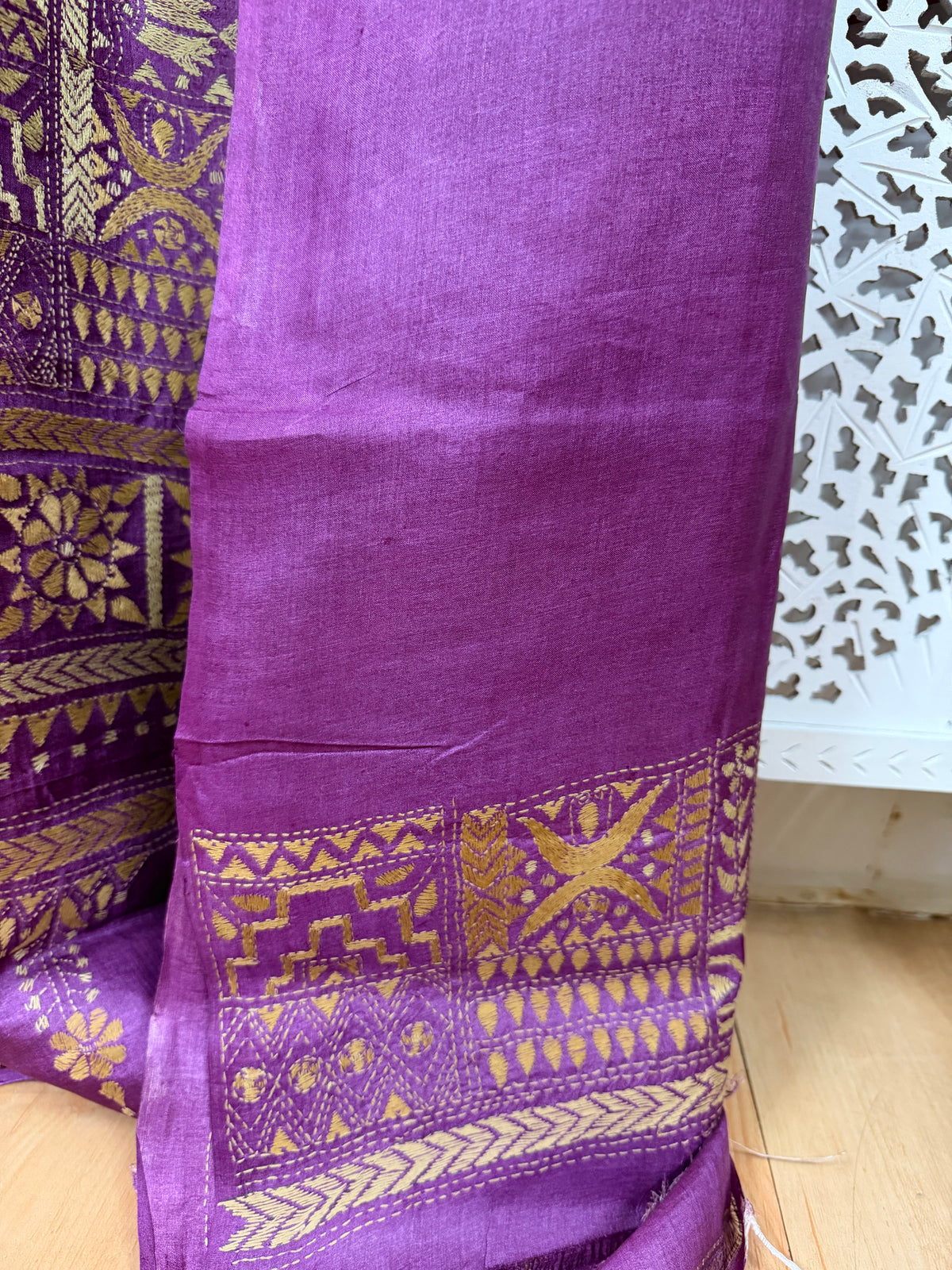 Rima - Tusser silk saree with kantha embroidery pink