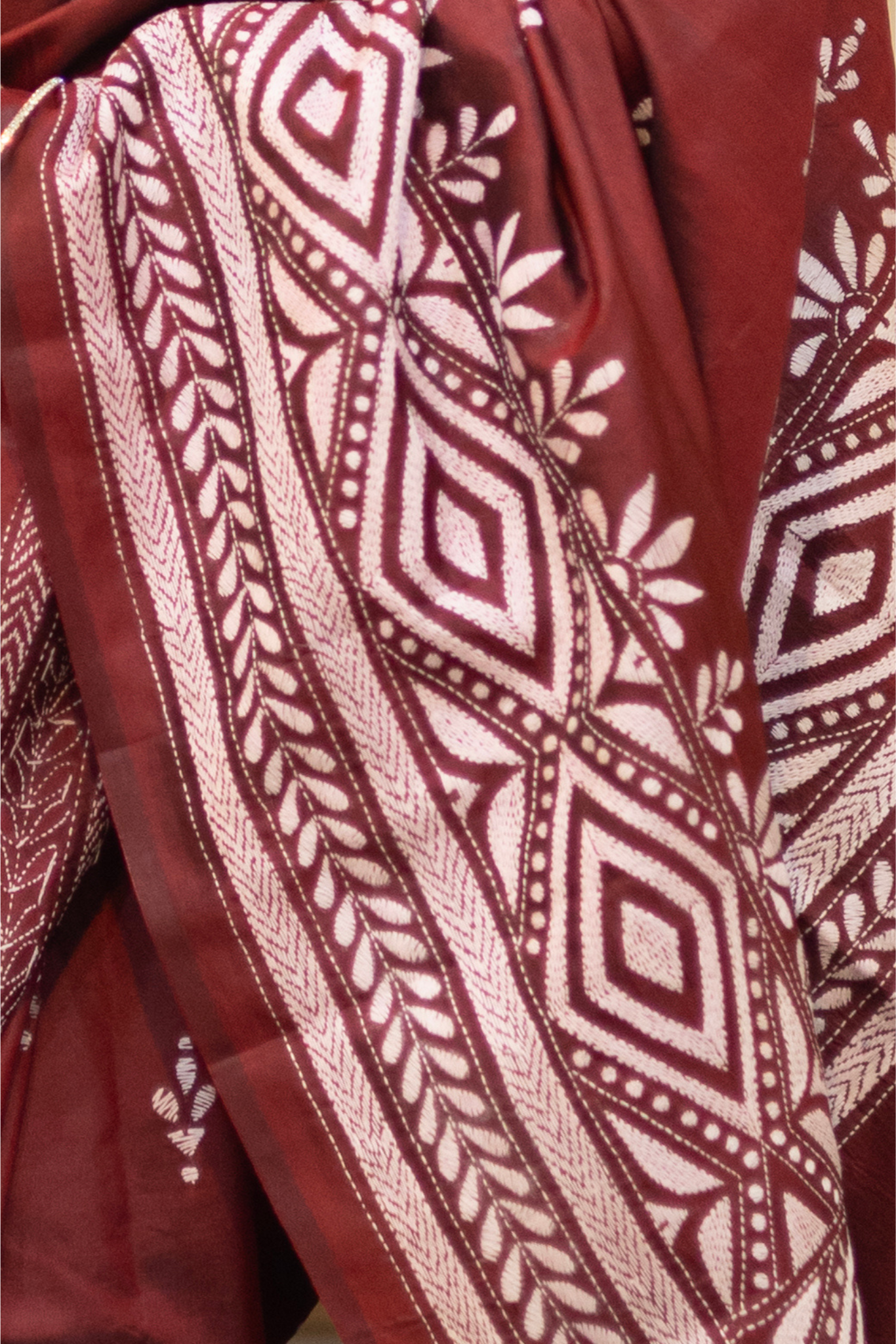 Rima - Maroon Silk Saree with kantha Embroidery