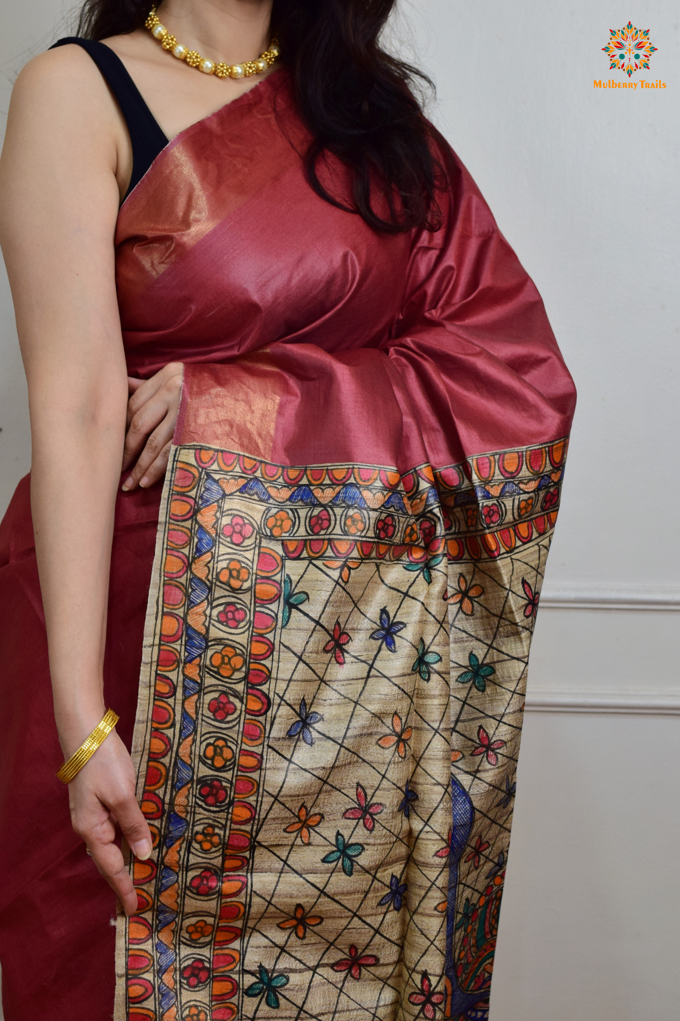 Pavani - Staple Tusser Handpainted Madhubani Saree- light maroon