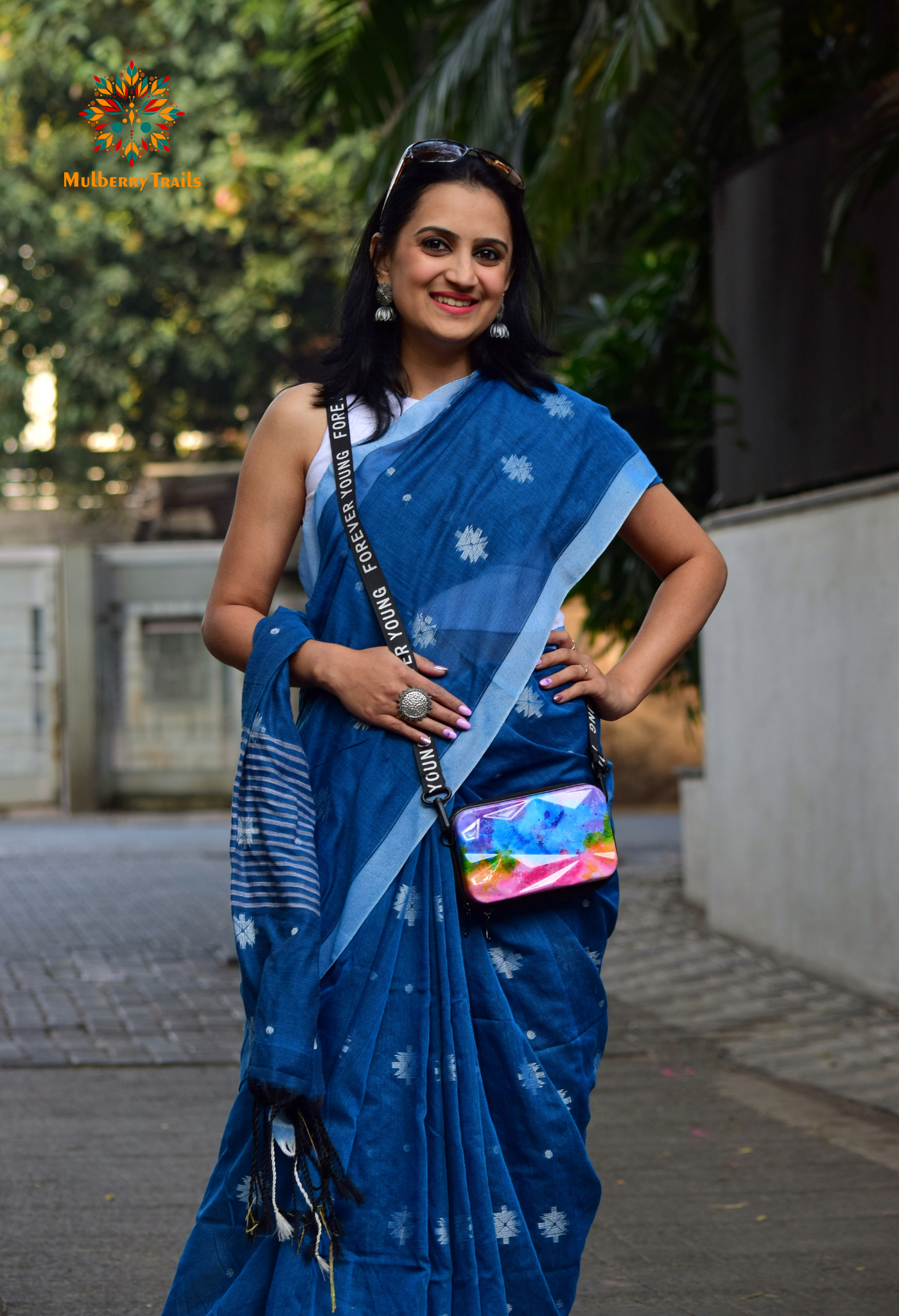 Aravi: Flowy Summer Cotton Saree Denim Blue