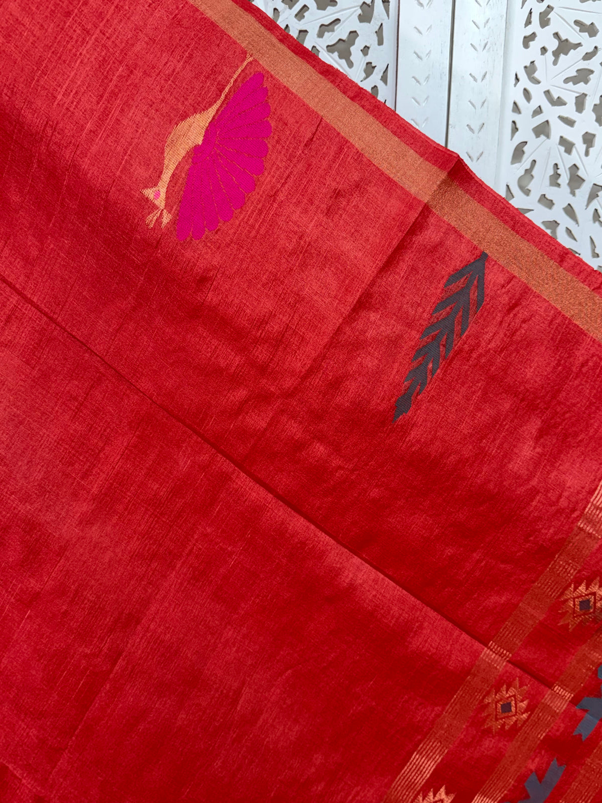 Meghana: Premiun Tusser silk Saree_Red Bird motif