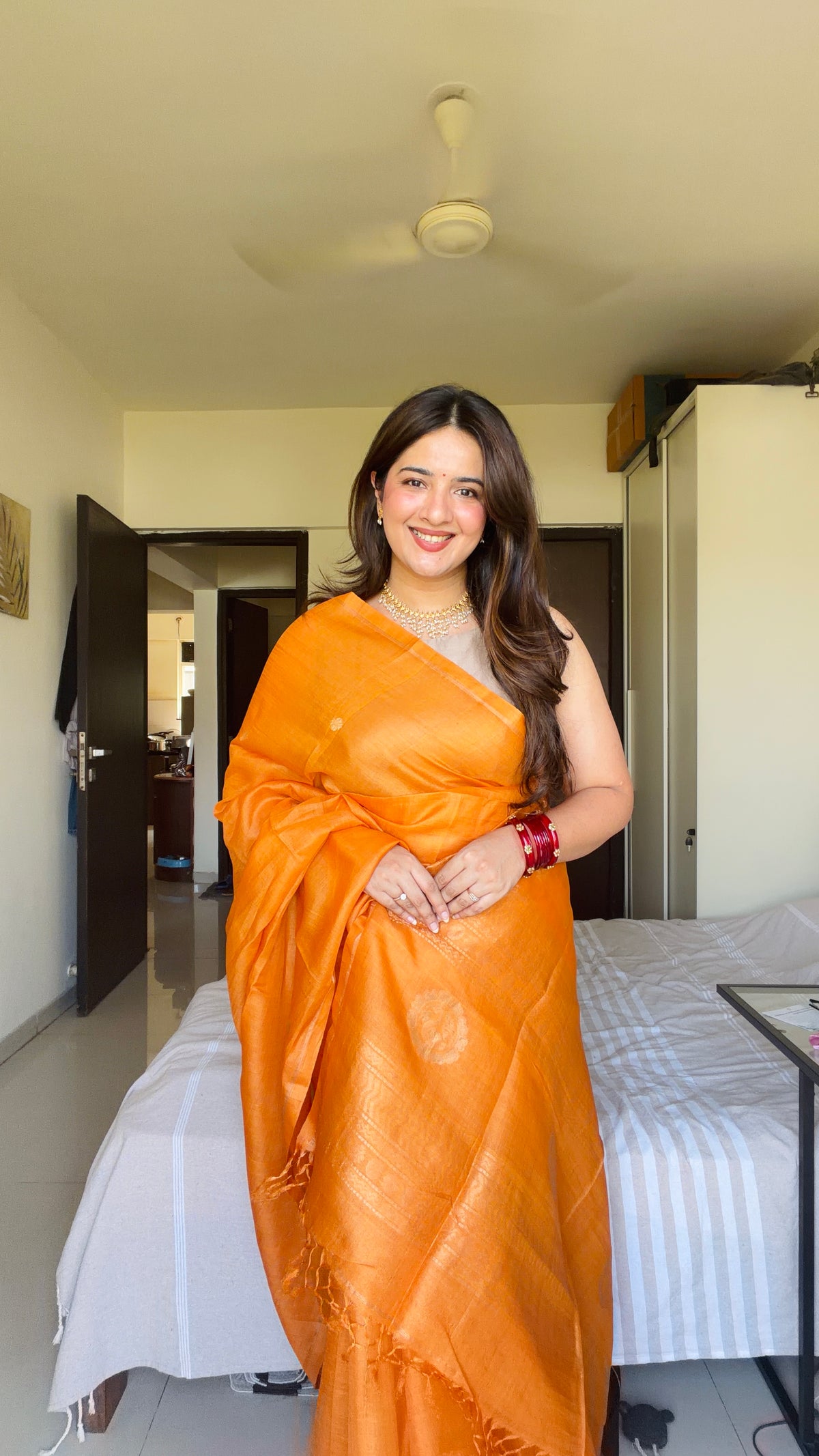 Meghana: Premiun Tusser silk Saree_Orange Swan motif