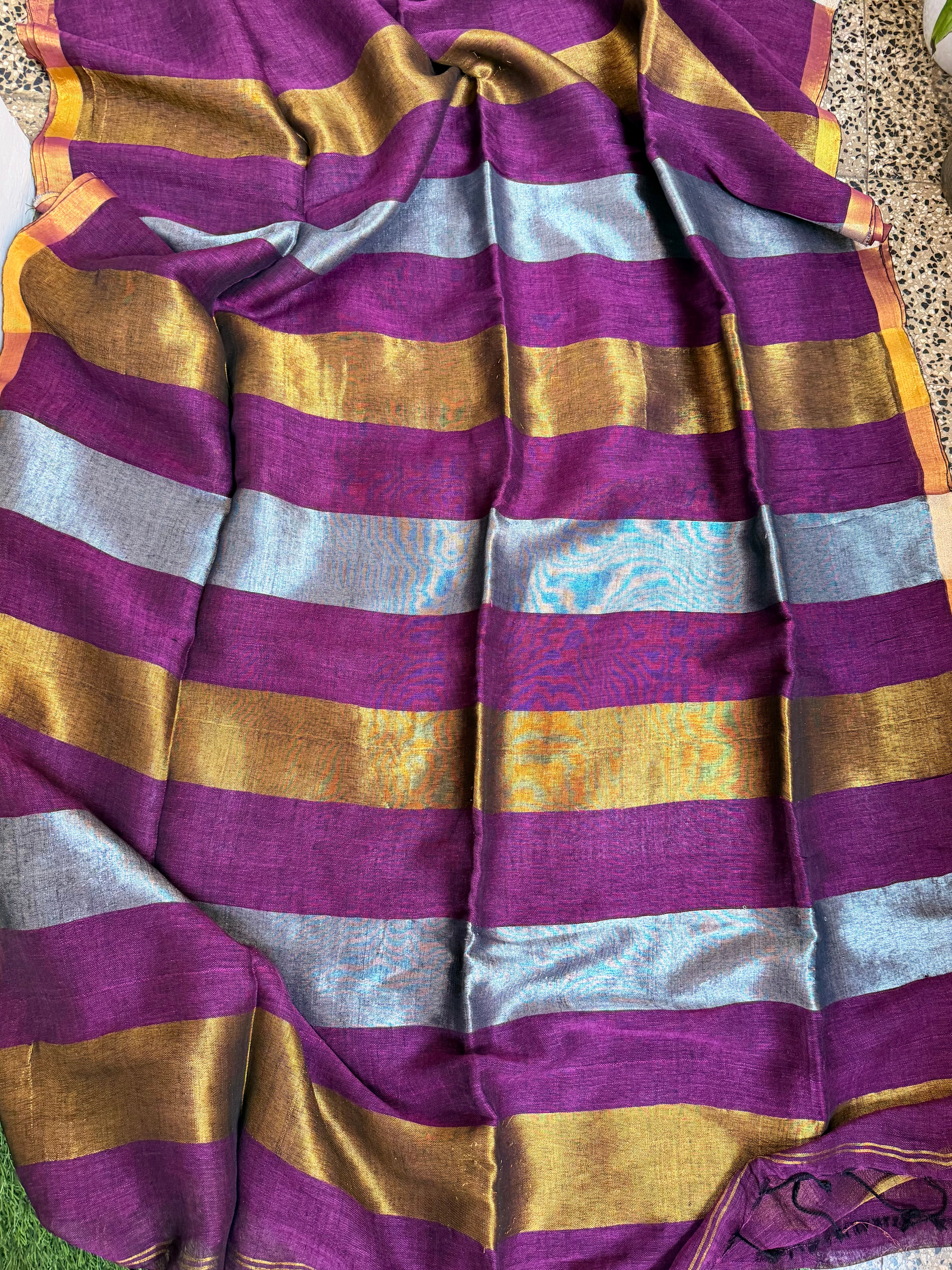Linen silver golden zari stripes saree