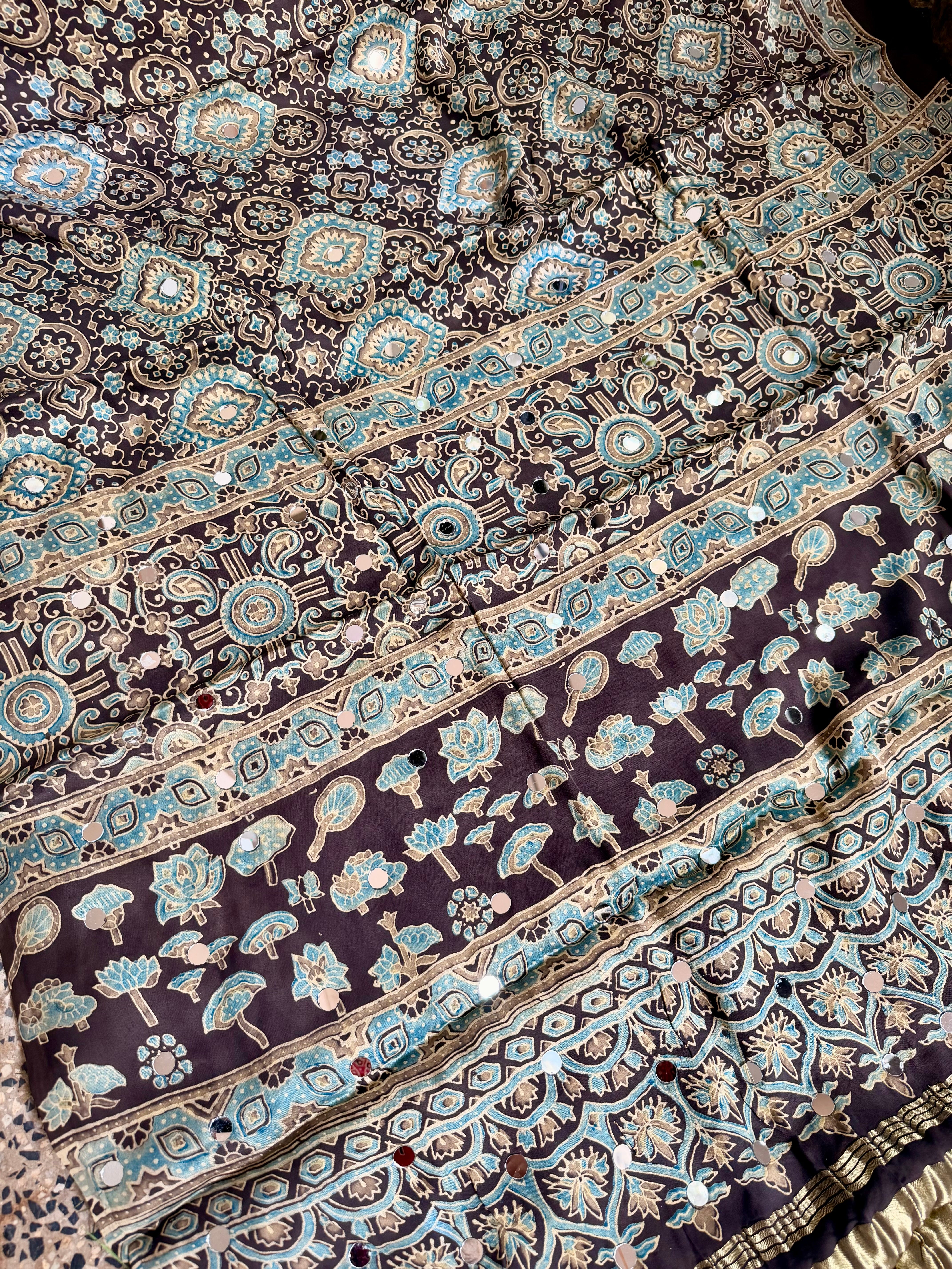 Ajrakh Modal silk sarees with Mirror Work