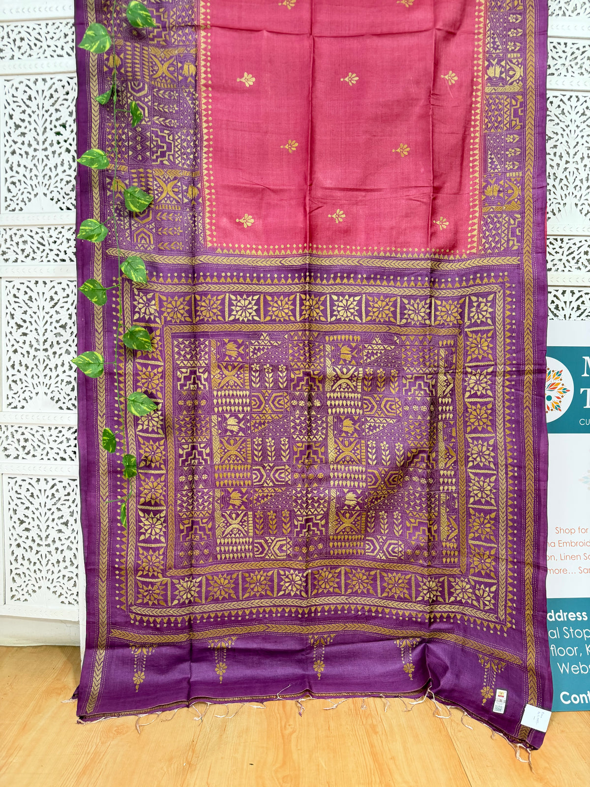 Rima - Tusser silk saree with kantha embroidery pink