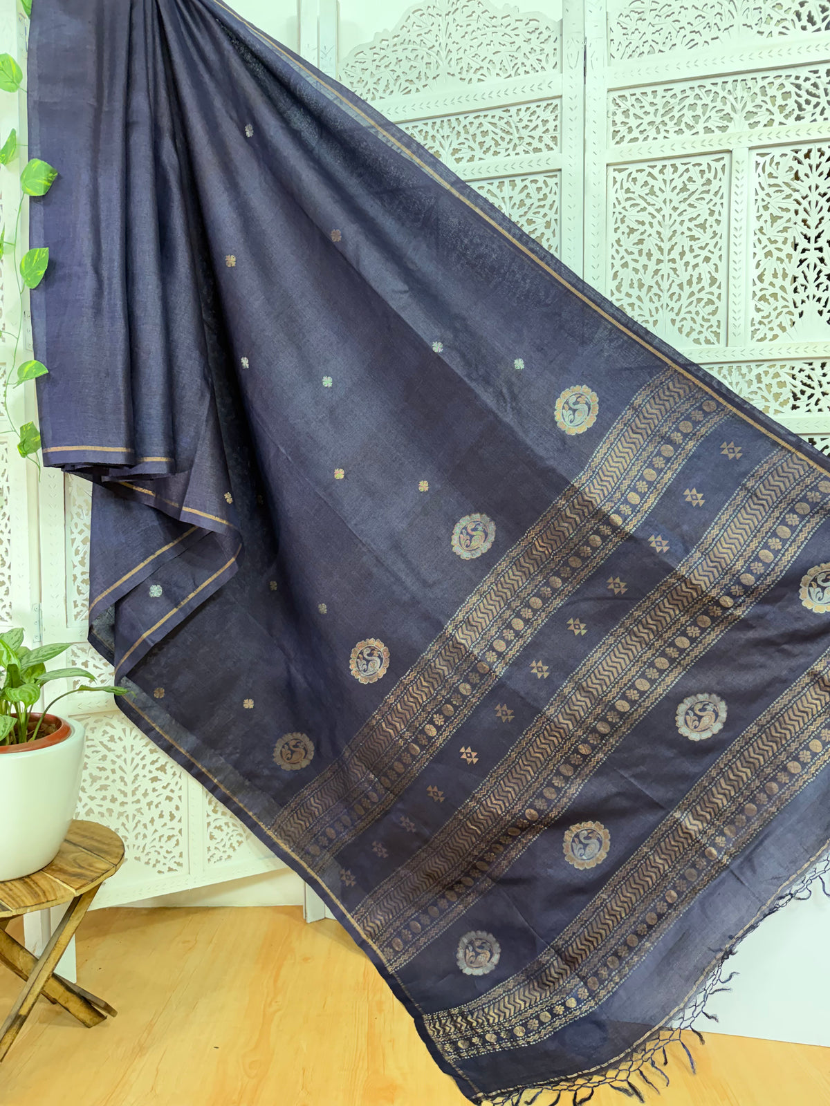 Meghana: Premiun Tusser silk Saree_Deep Blue Swan motif