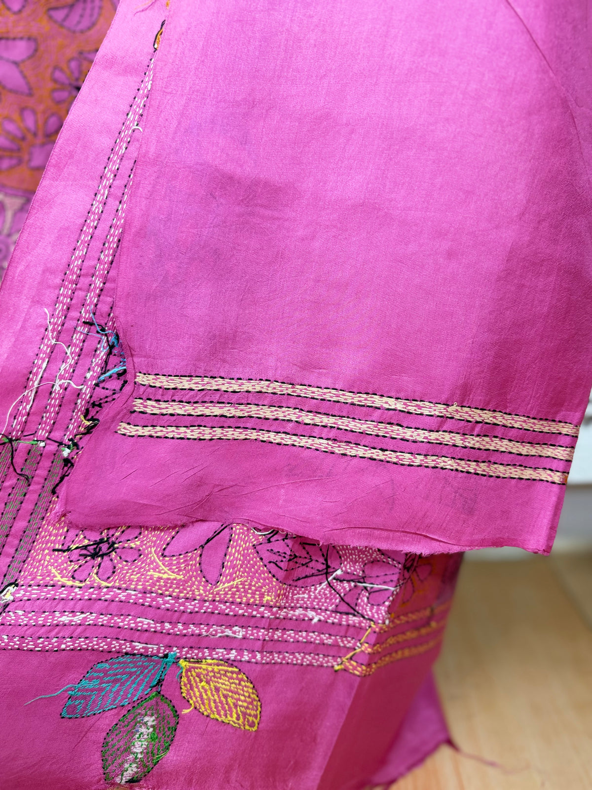 Rima - Bangalore silk saree with kantha embroidery pink