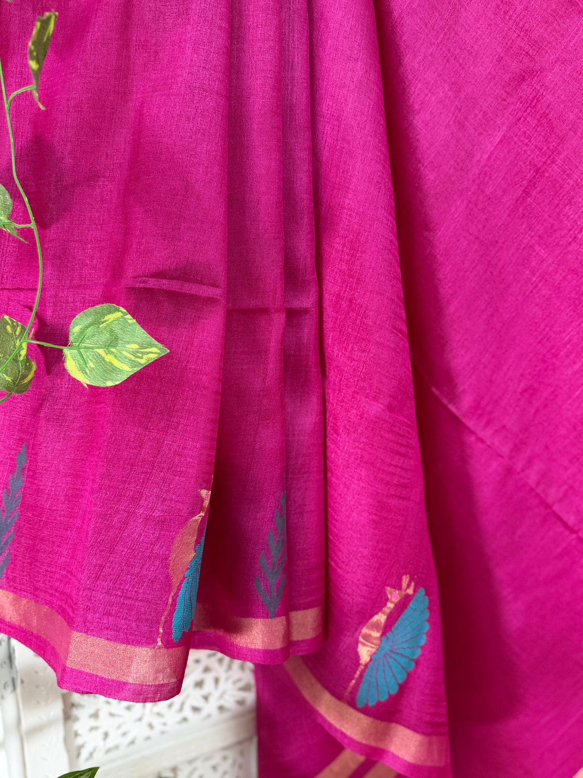Meghana: Premiun Tusser silk Saree_Pink Bird motif