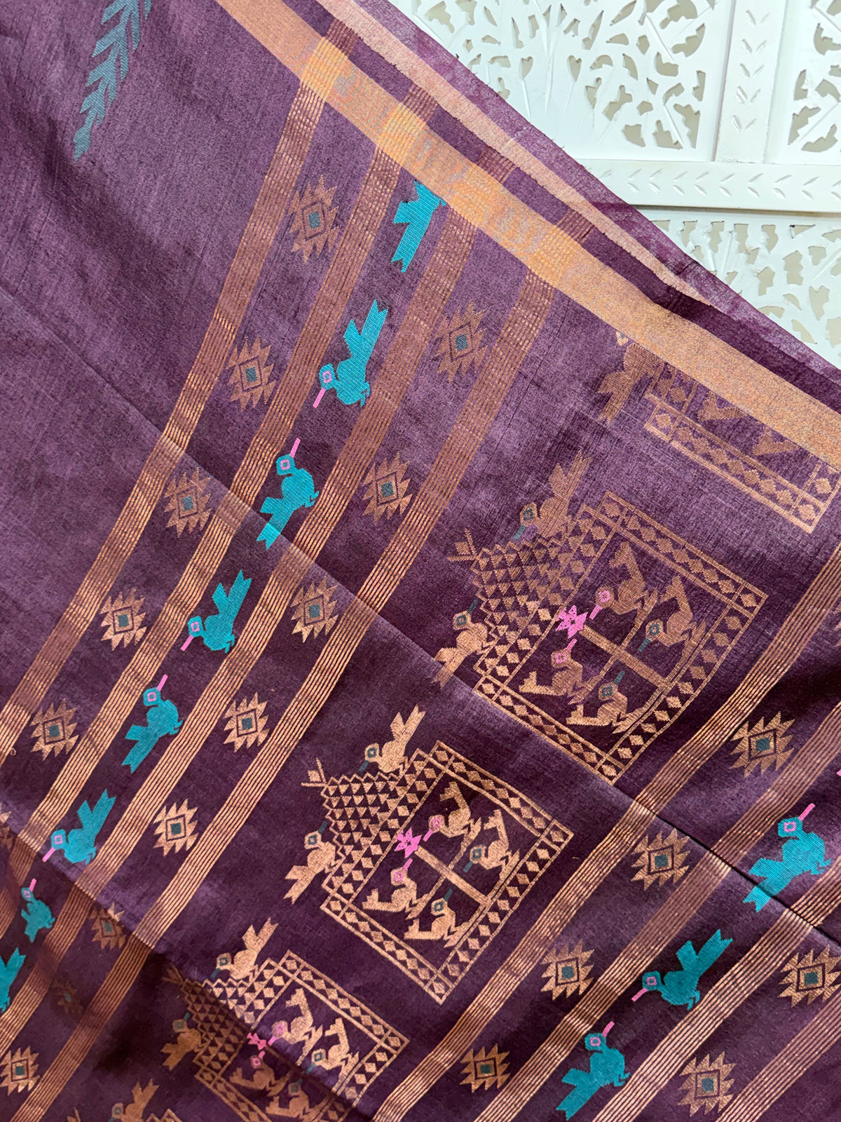 Meghana: Premiun Tusser silk Saree_deep wine Bird motif