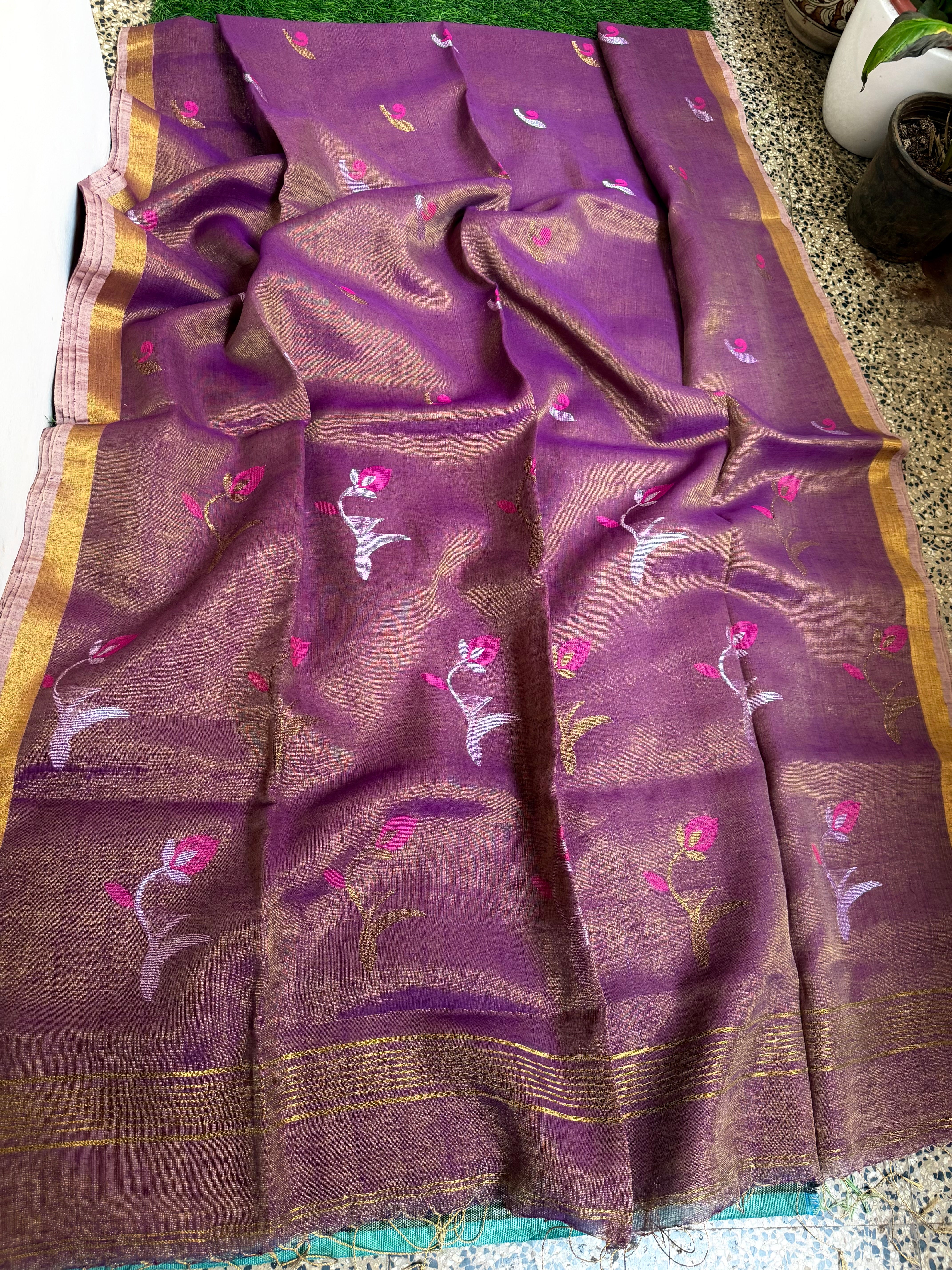 Linen tissue sarees with lotus motif