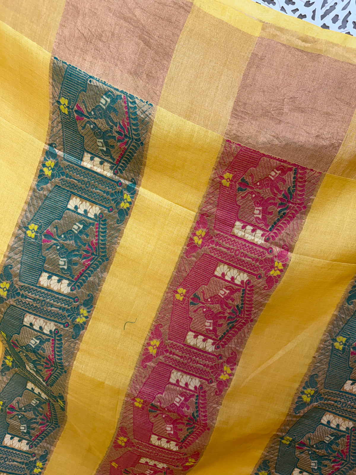 Meghana: Premiun Tusser silk Saree_yellow elephant motif