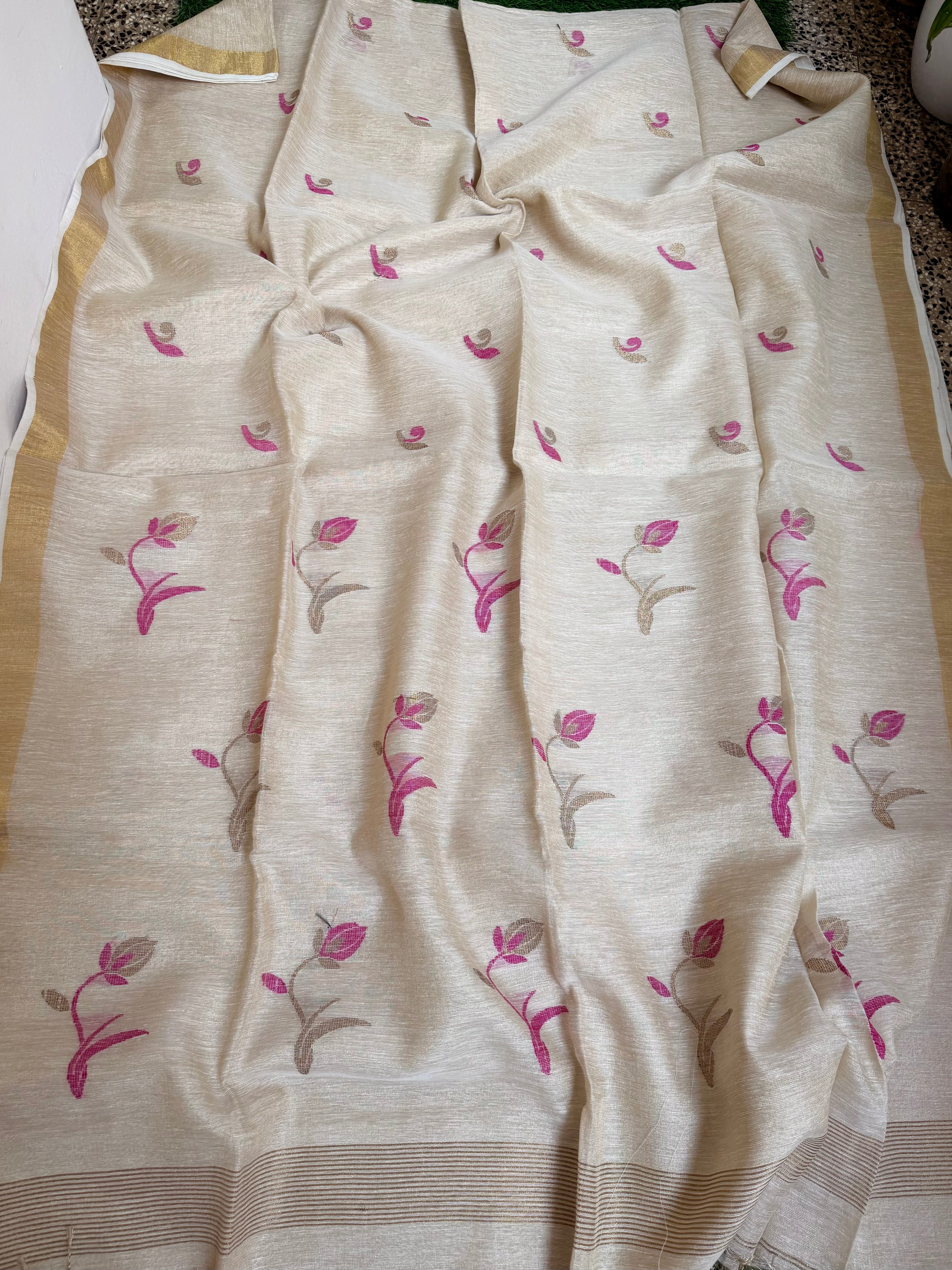 Linen tissue sarees with lotus motif