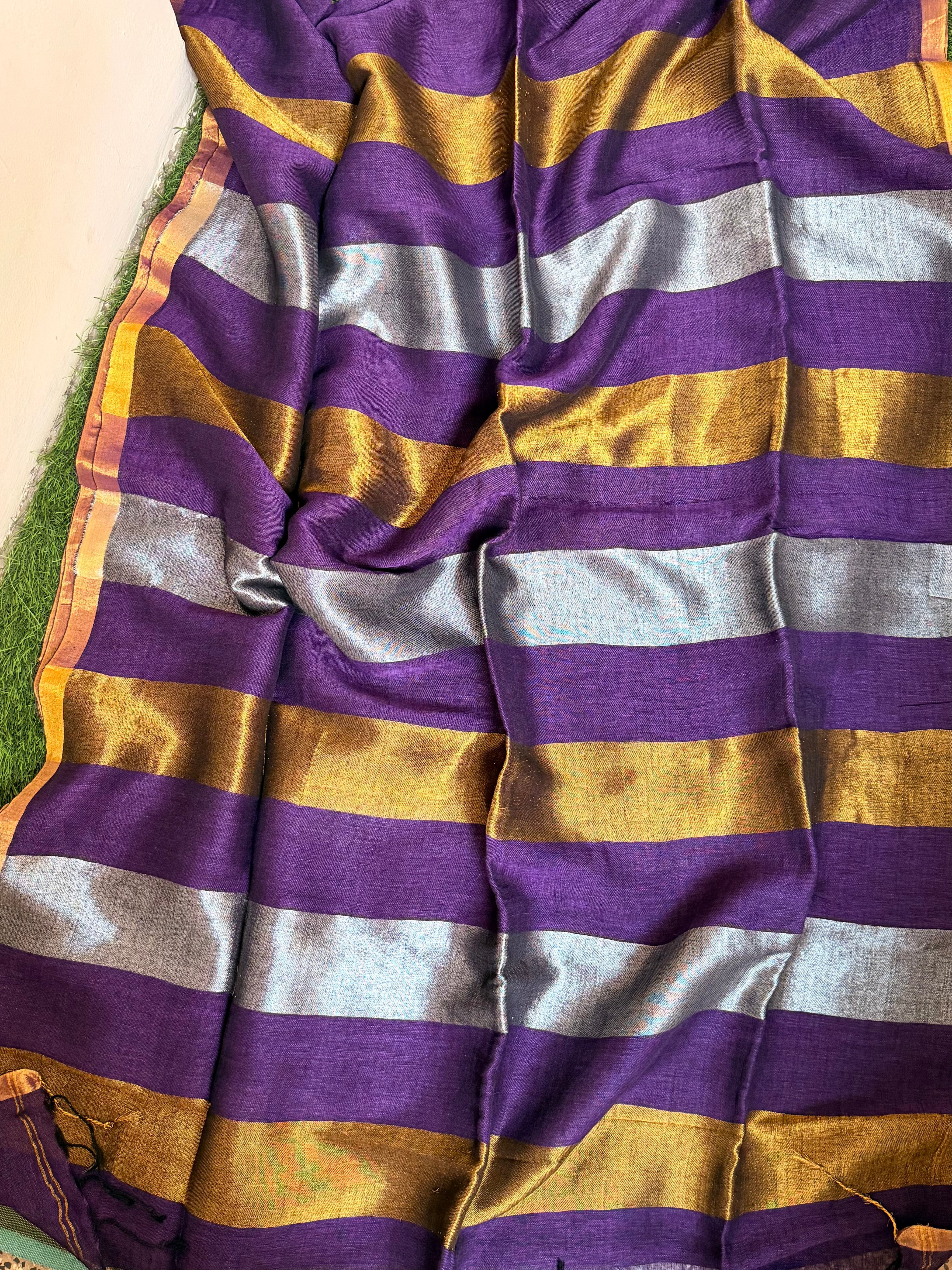 Linen silver golden zari stripes saree