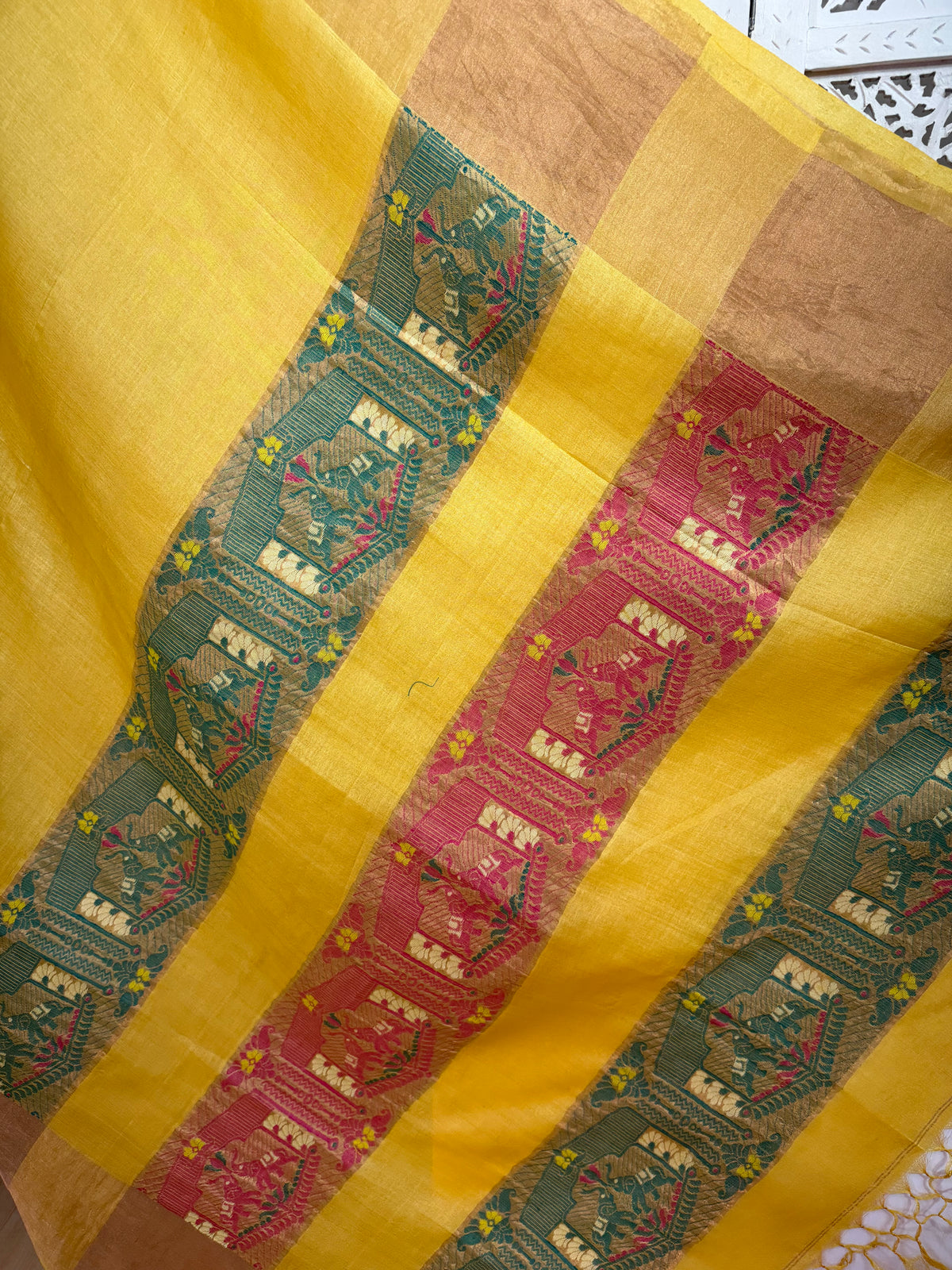 Meghana: Premiun Tusser silk Saree_yellow elephant motif