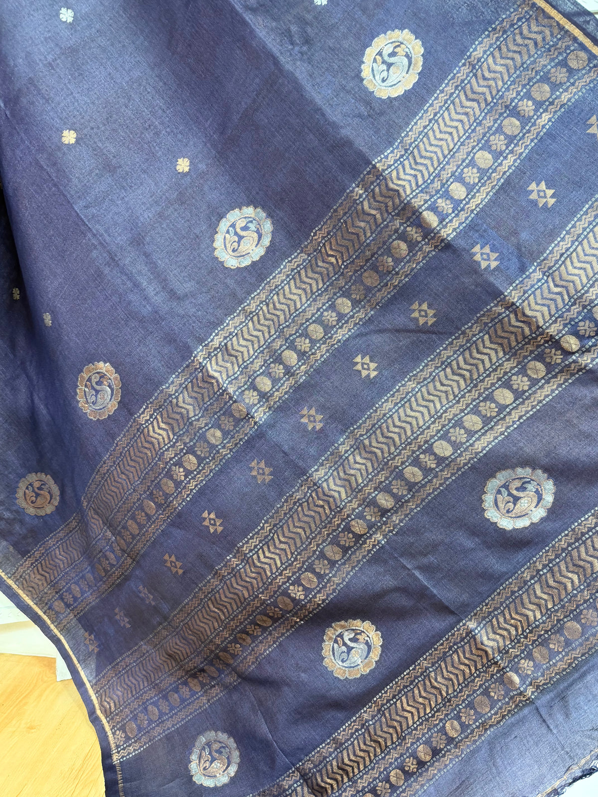 Meghana: Premiun Tusser silk Saree_Deep Blue Swan motif