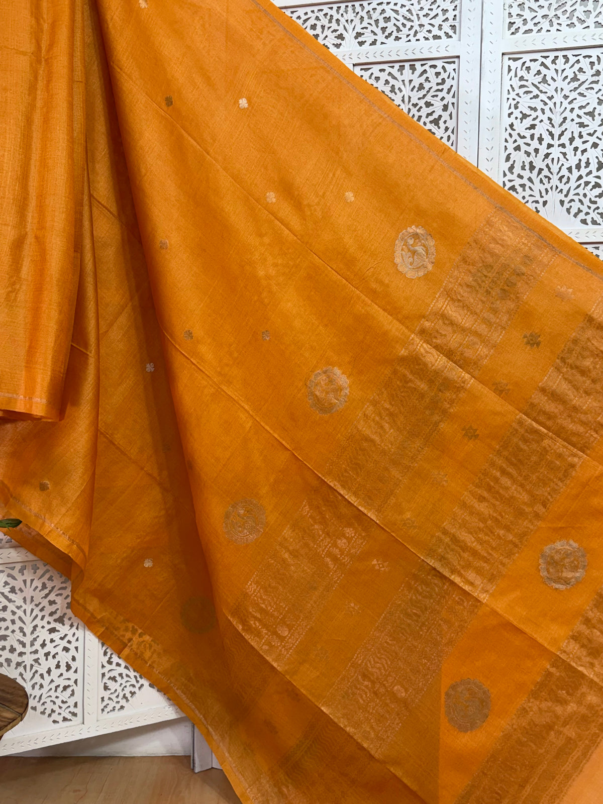 Meghana: Premiun Tusser silk Saree_Orange Swan motif