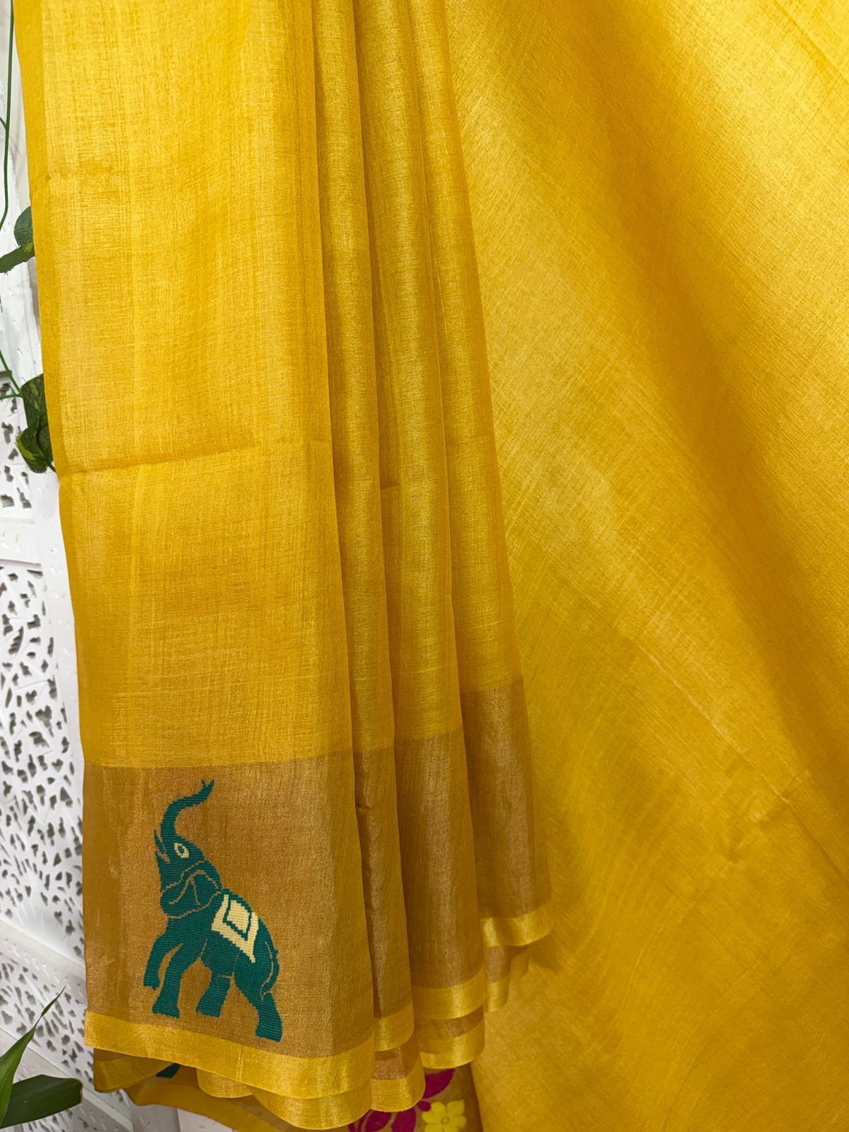 Meghana: Premiun Tusser silk Saree_yellow elephant motif