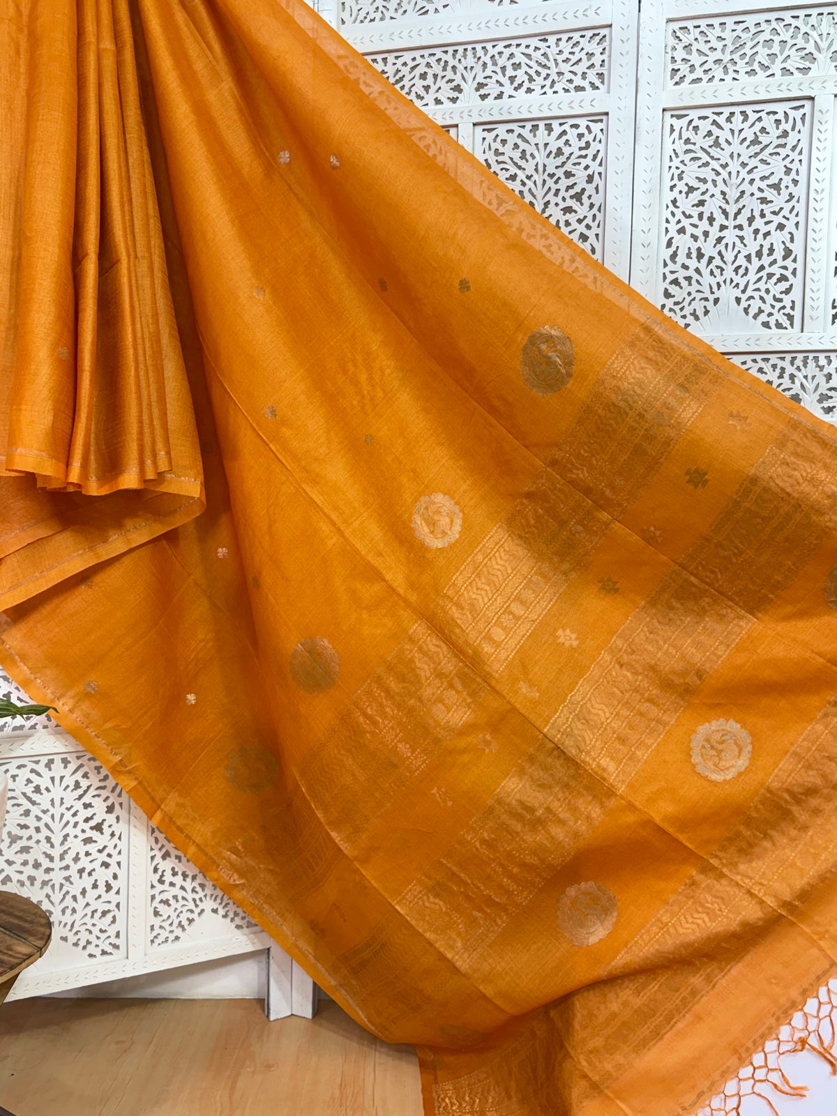 Meghana: Premiun Tusser silk Saree_Orange Swan motif