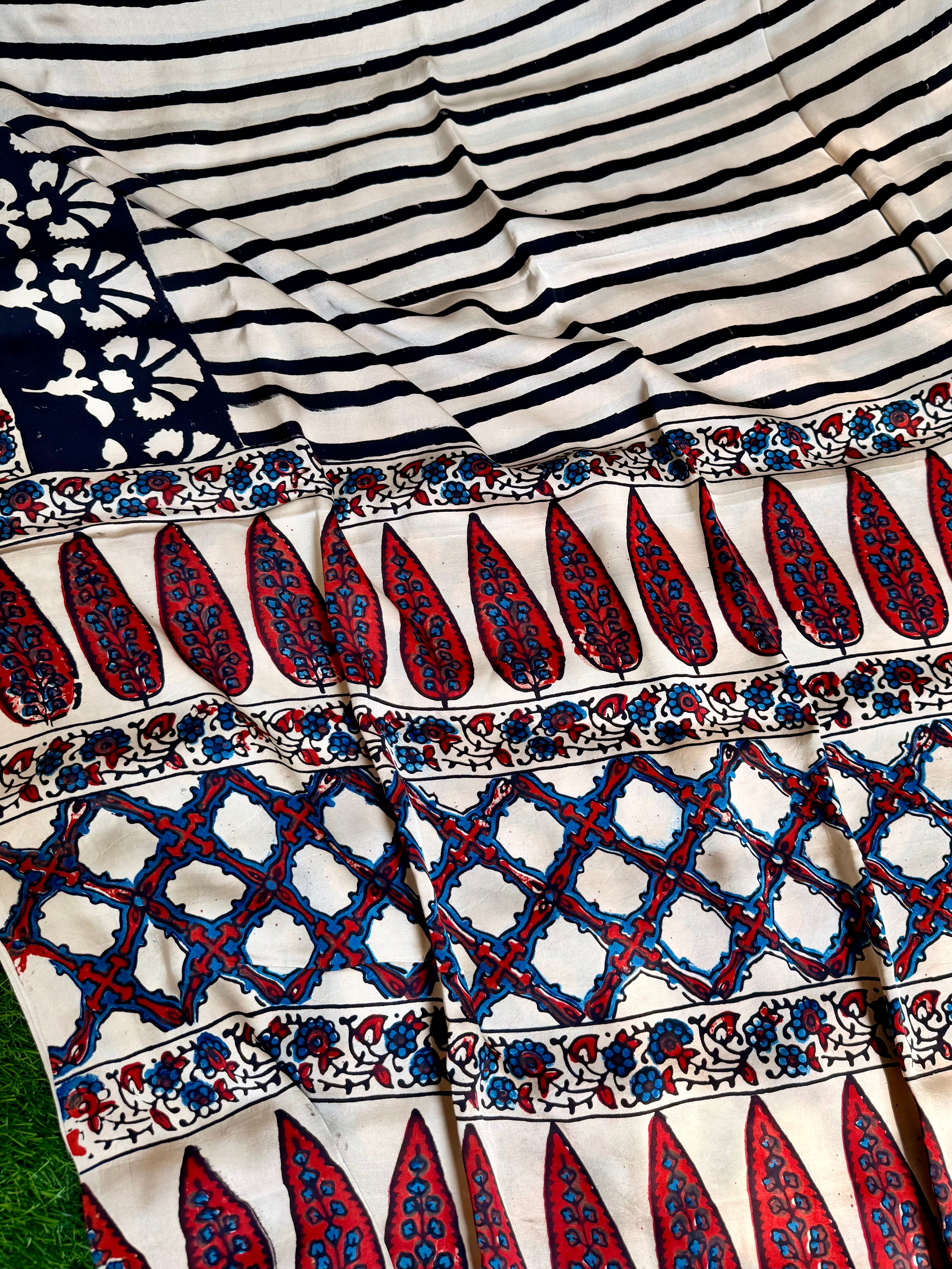 Modal silk sarees with block printing