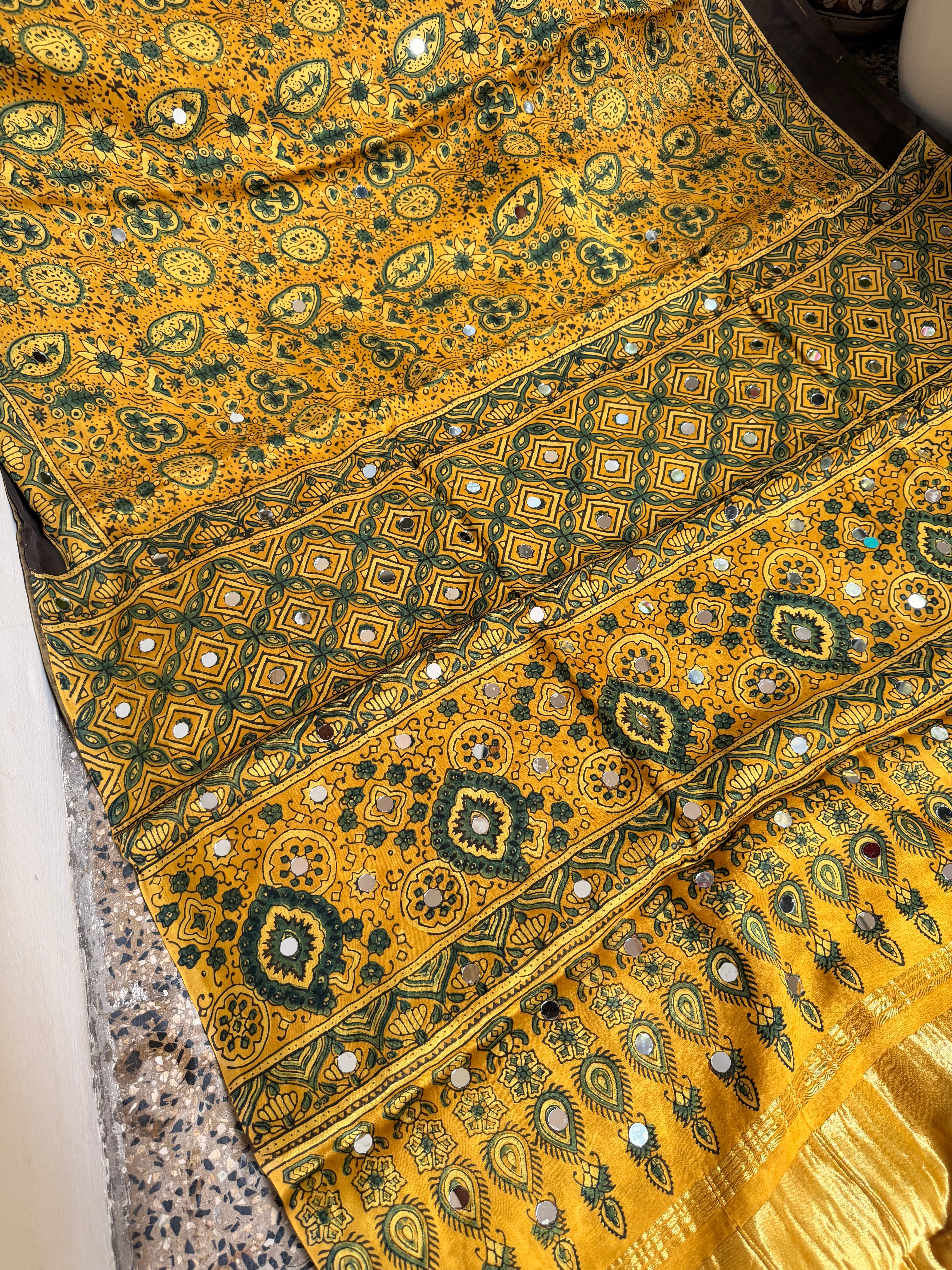 Ajrakh Modal silk sarees with Mirror Work