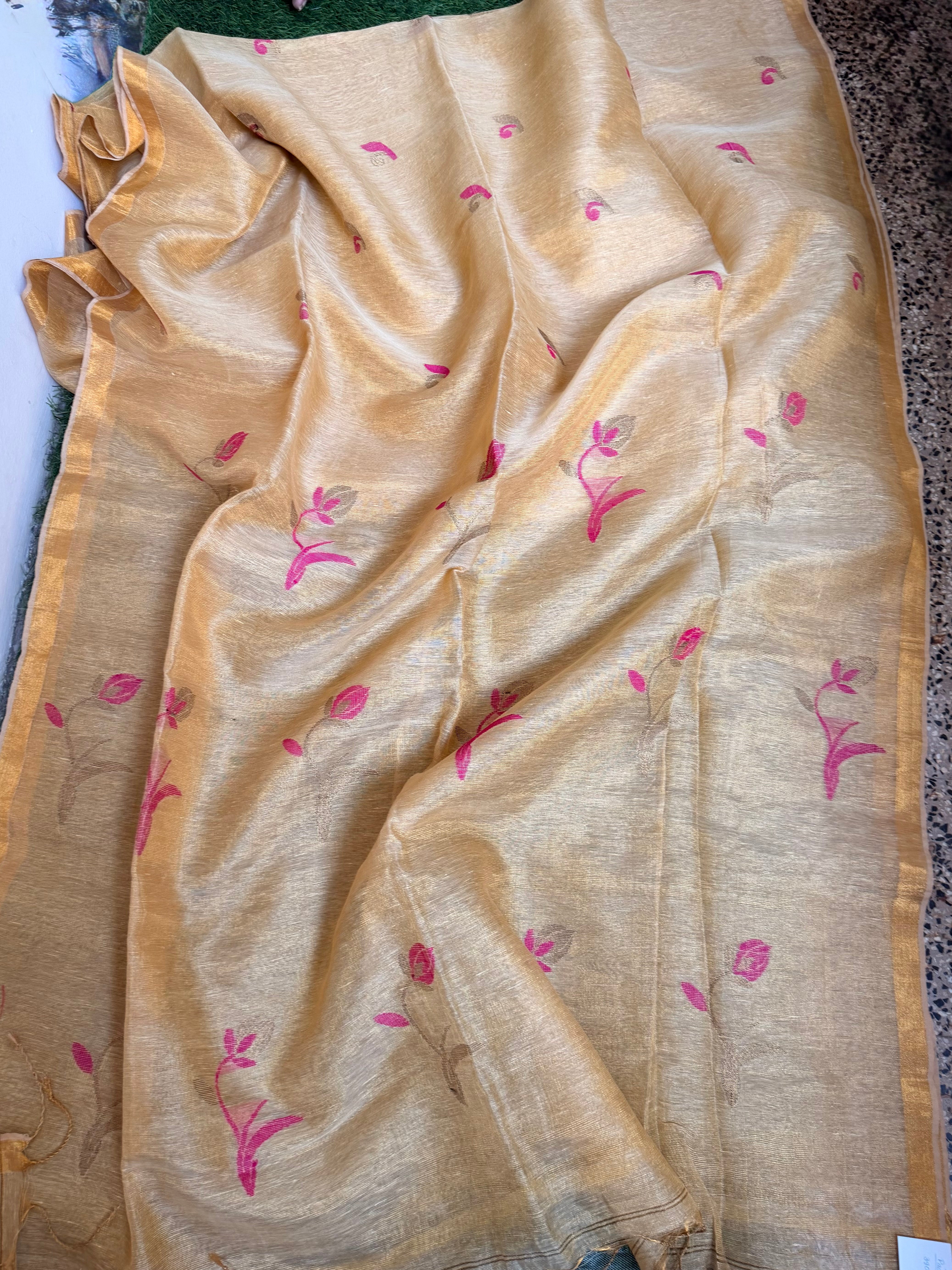 Linen tissue sarees with lotus motif