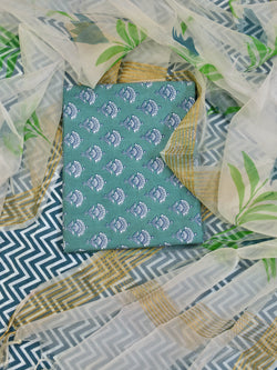 Trikaya Cotton Dress Material with Organza Dupatta - Blue