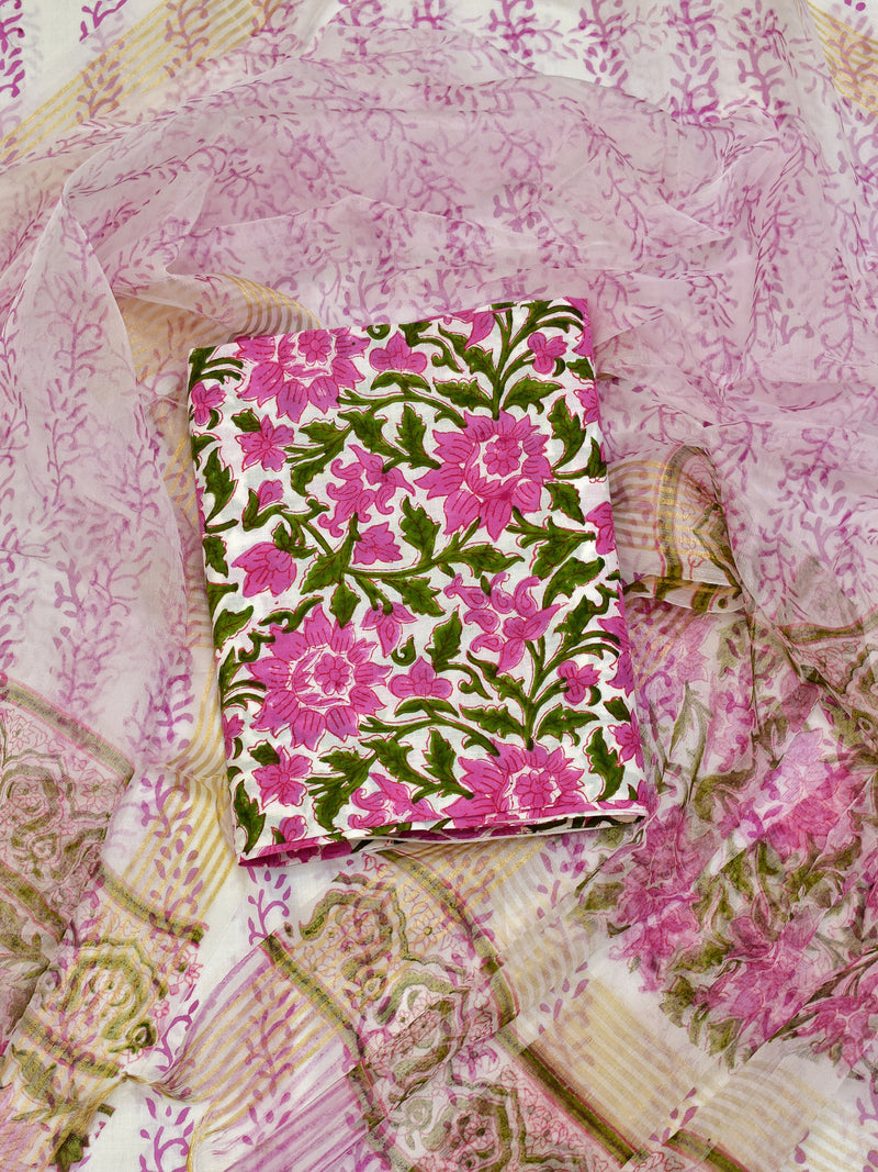 Trikaya Cotton Dress Material with Organza Dupatta - Pink