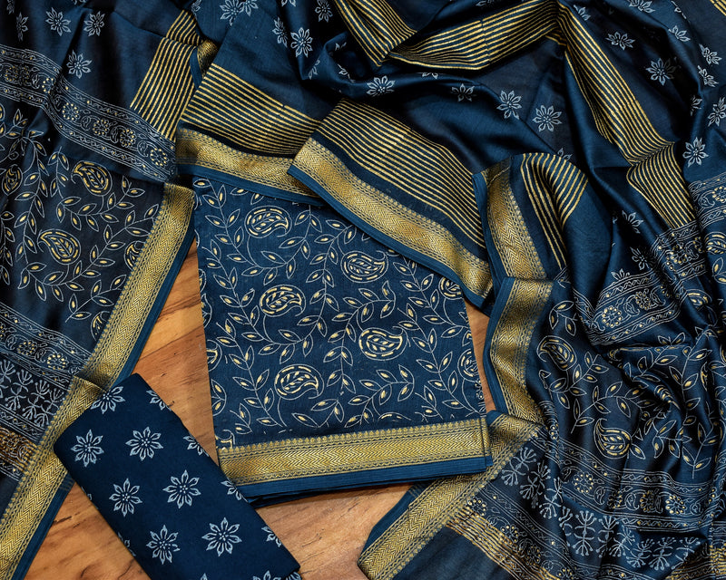 Maheshwari Dress Material with Cotton Salwar - Blue