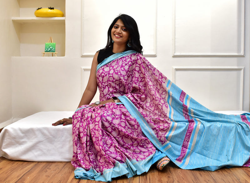 Indooja: Printed Ghicha Tusser Silk Saree - Pink Blue