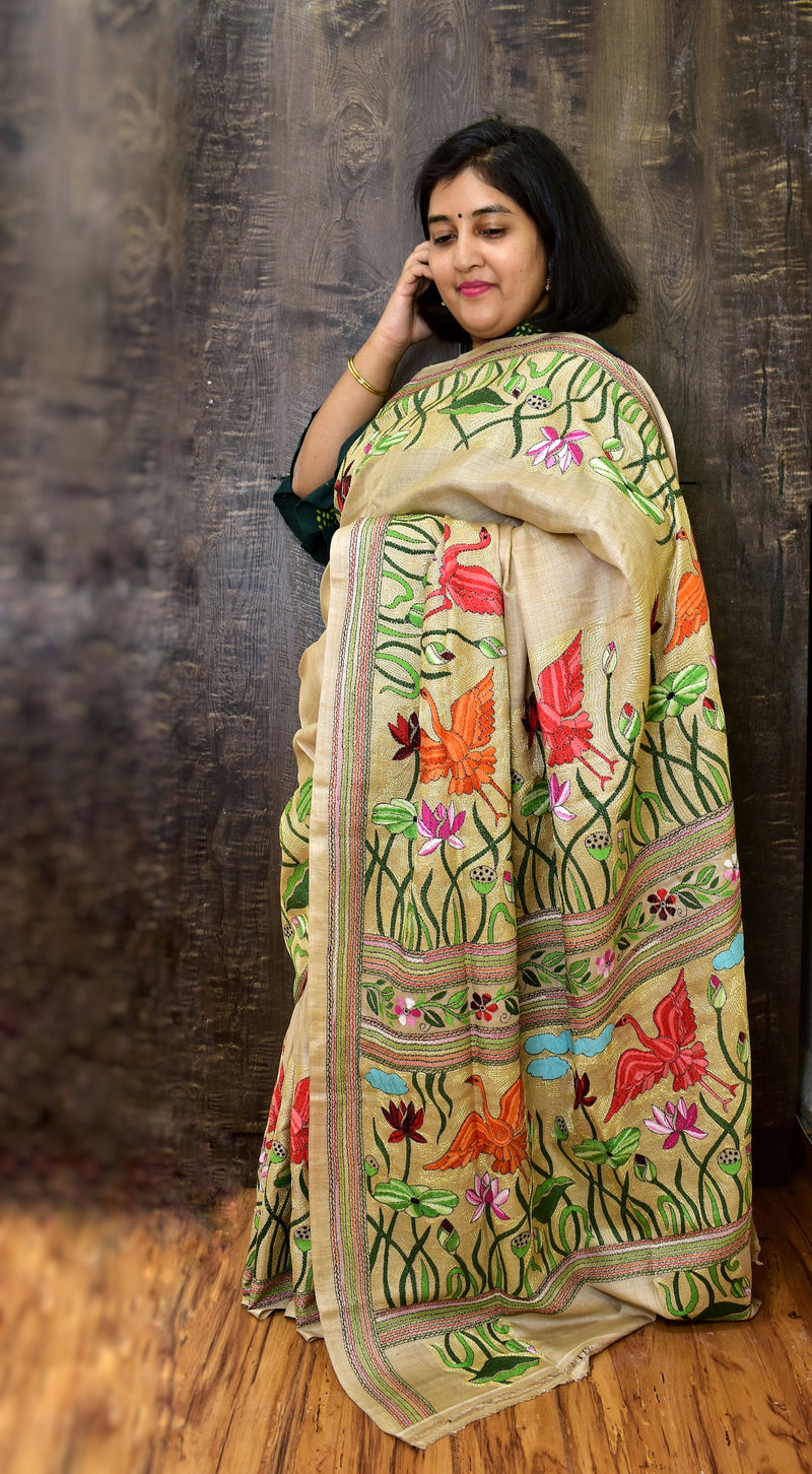 Rima - Pure Tusser Silk Kantha Embroidery Saree