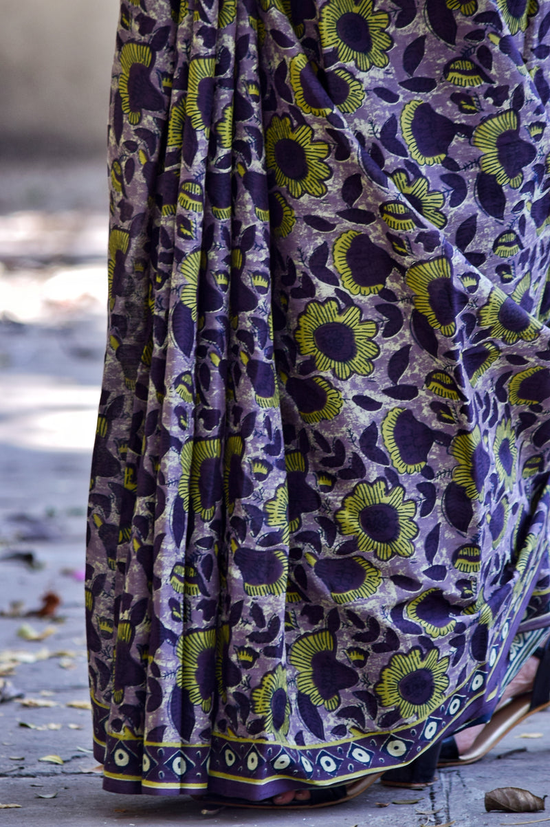 Chitrani: Summer Printed Cotton Sarees Purple Yellow