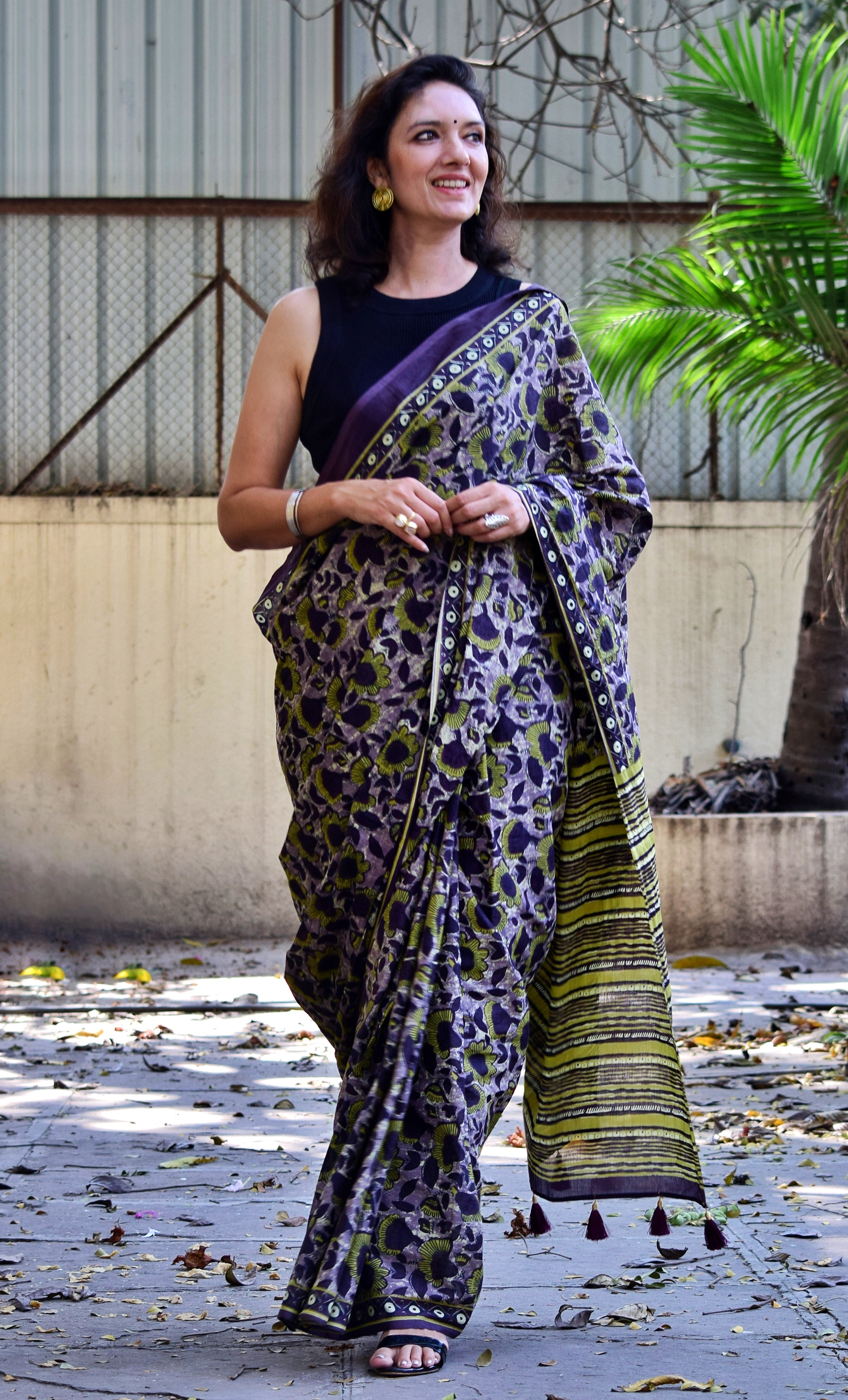 Chitrani: Summer Printed Cotton Sarees Purple Yellow