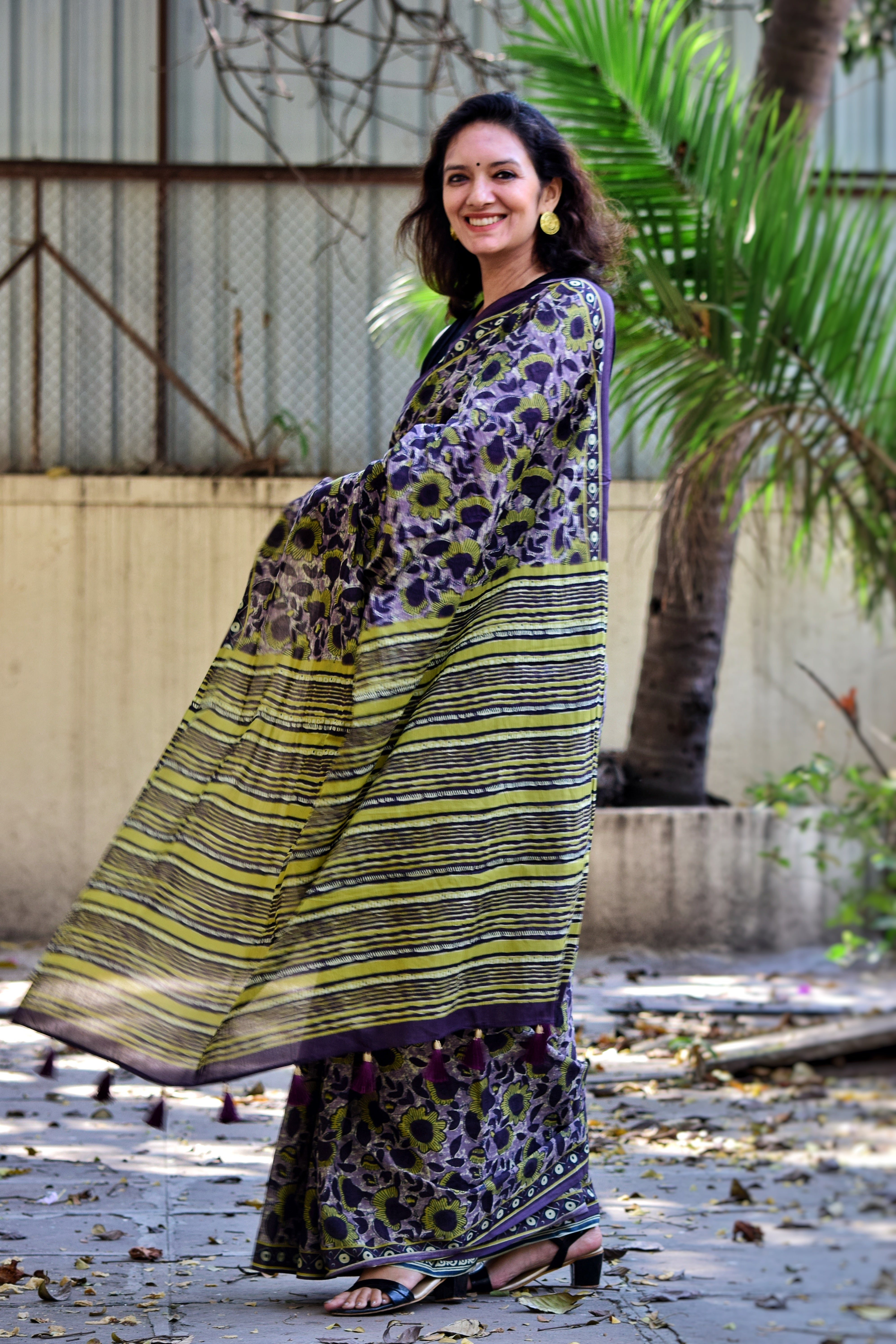 Chitrani: Summer Printed Cotton Sarees Purple Yellow