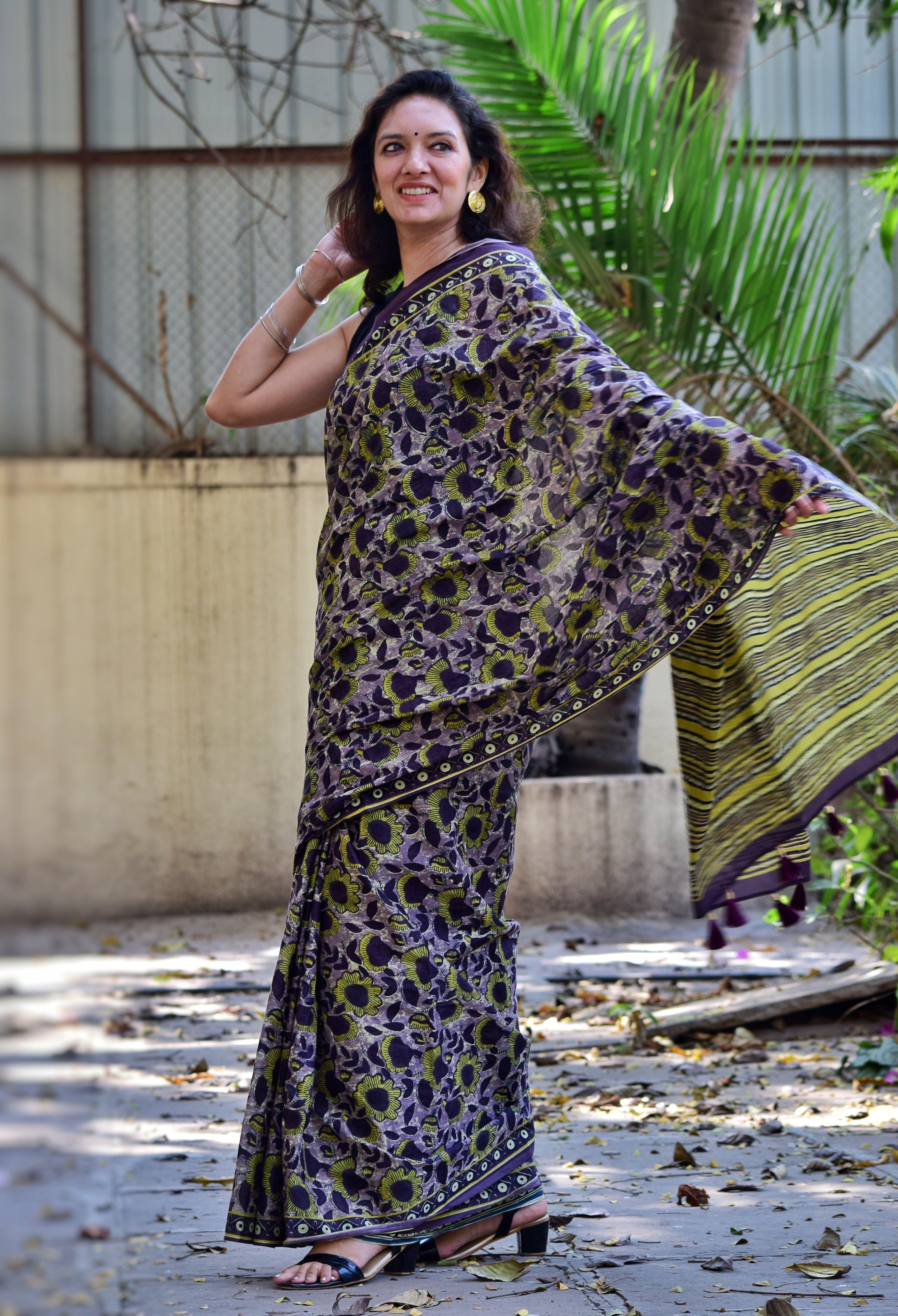 Chitrani: Summer Printed Cotton Sarees Purple Yellow