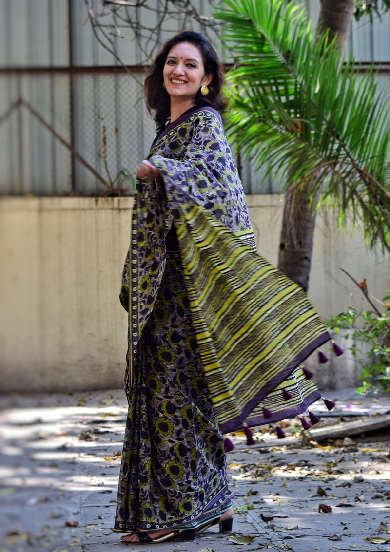 Chitrani: Summer Printed Cotton Sarees Purple Yellow
