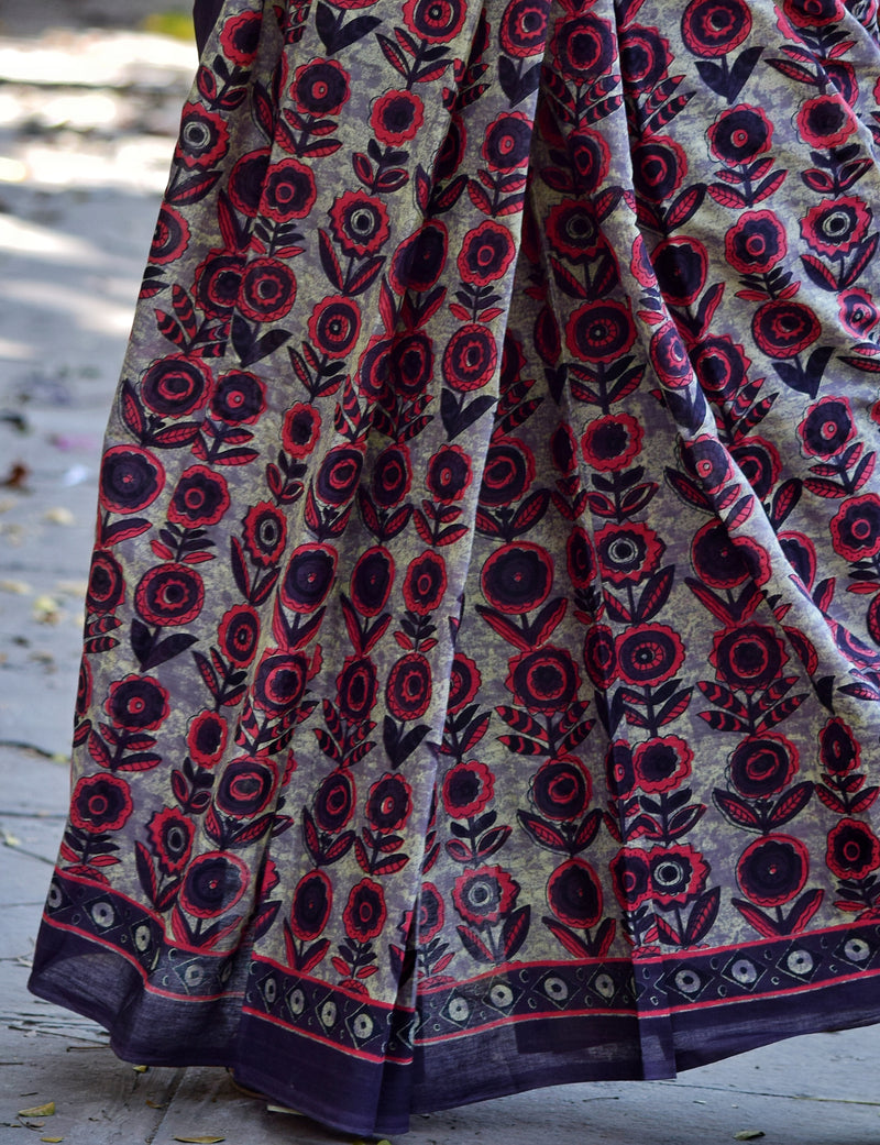 Chitrani: Summer Printed Cotton Sarees Black Red