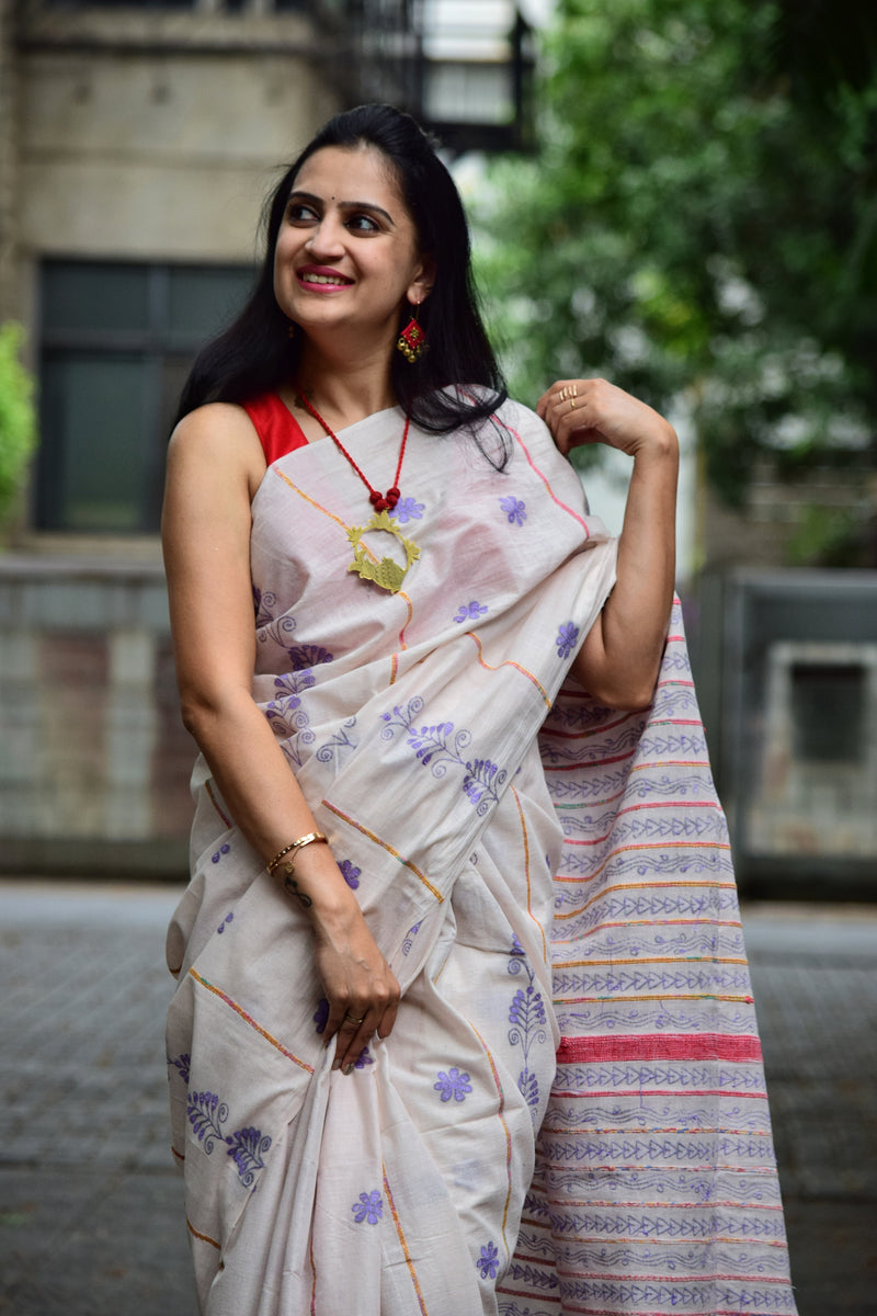 Vipas: Cotton Handloom Saree with Kantha Embroidery