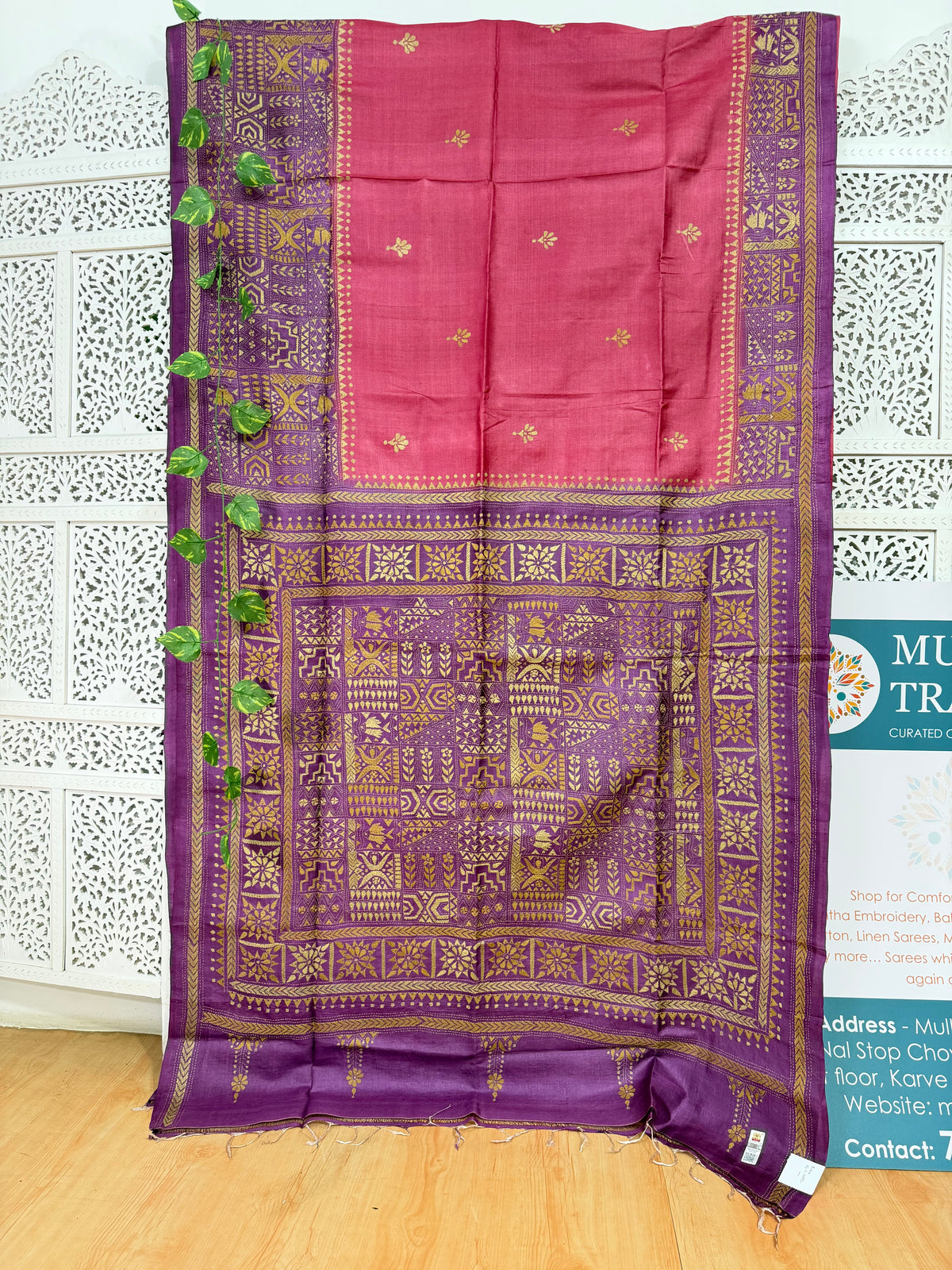 Rima - Tusser silk saree with kantha embroidery pink