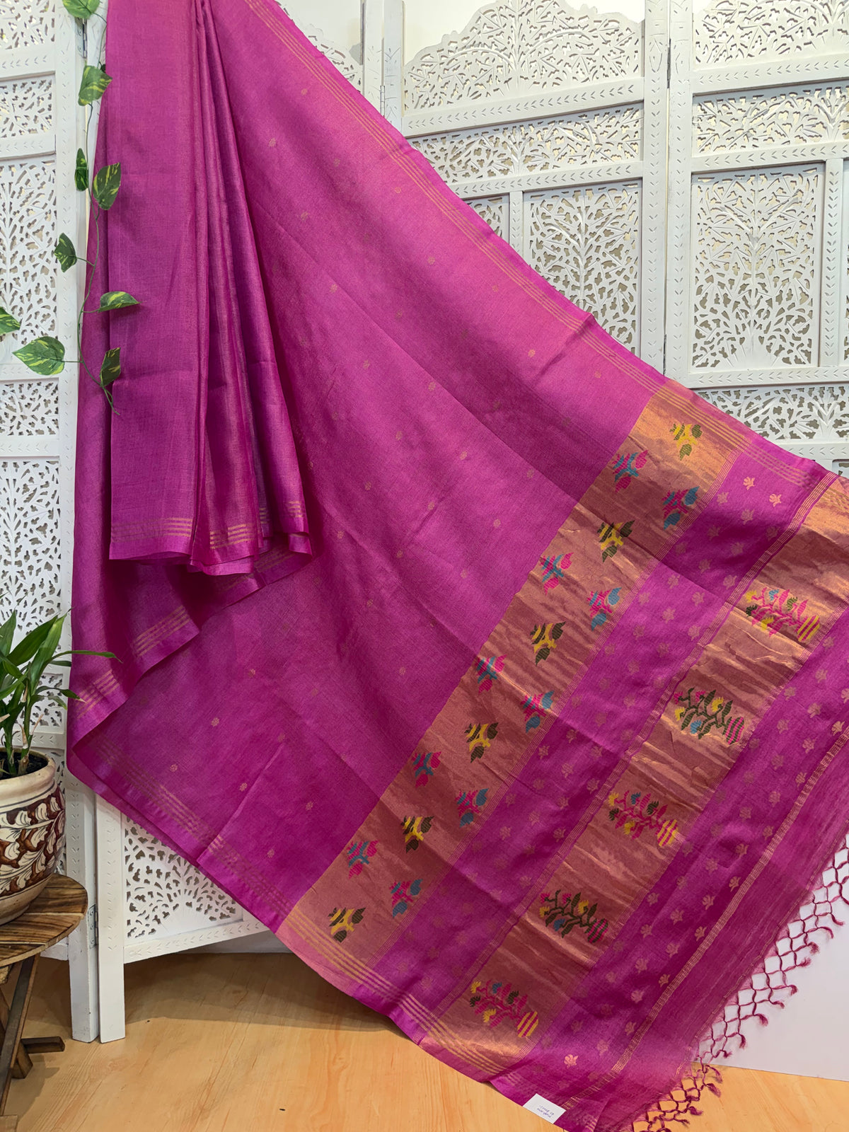 Meghana: Premiun Tusser silk Saree_pink paithani design