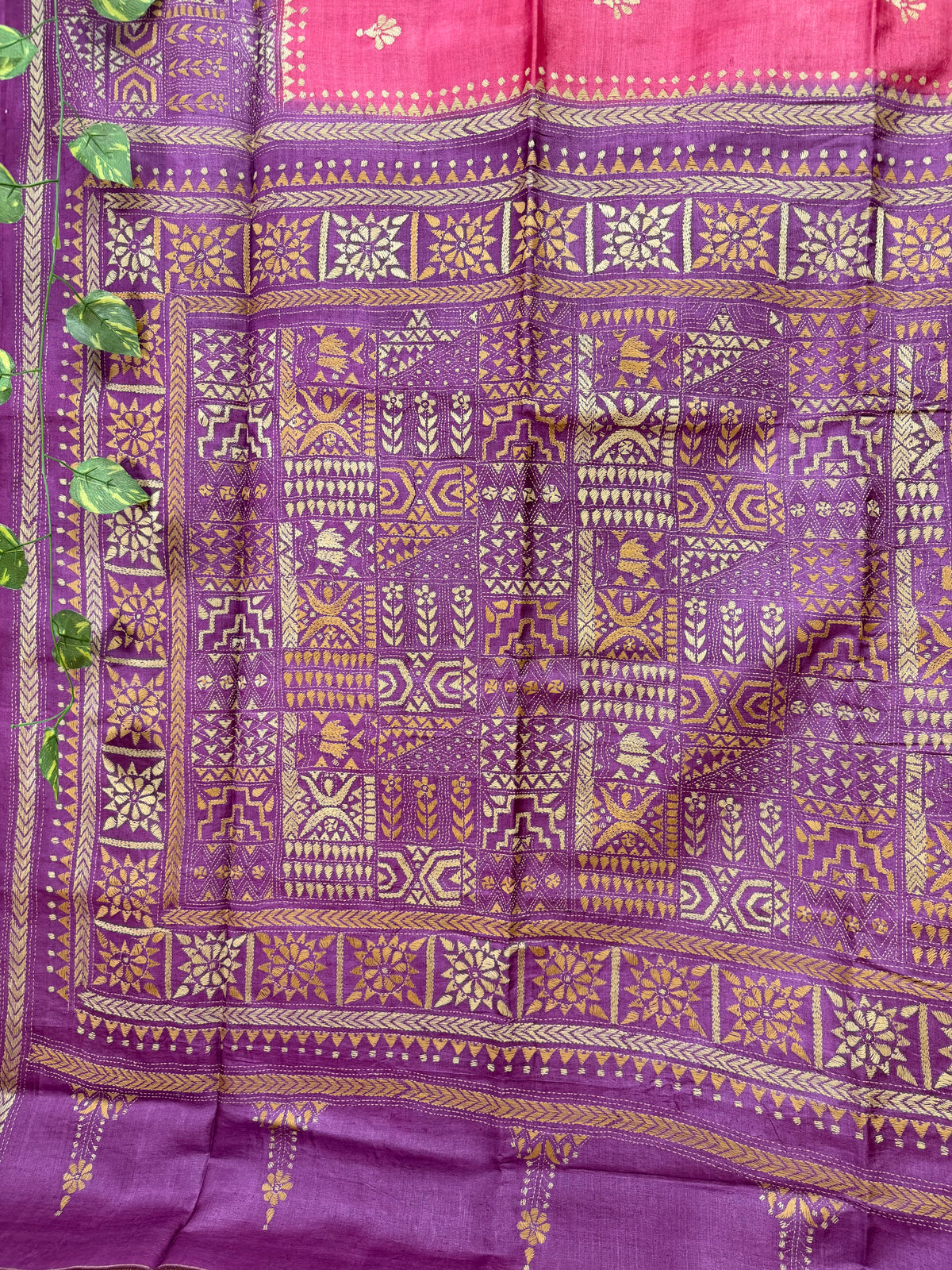 Rima - Tusser silk saree with kantha embroidery pink
