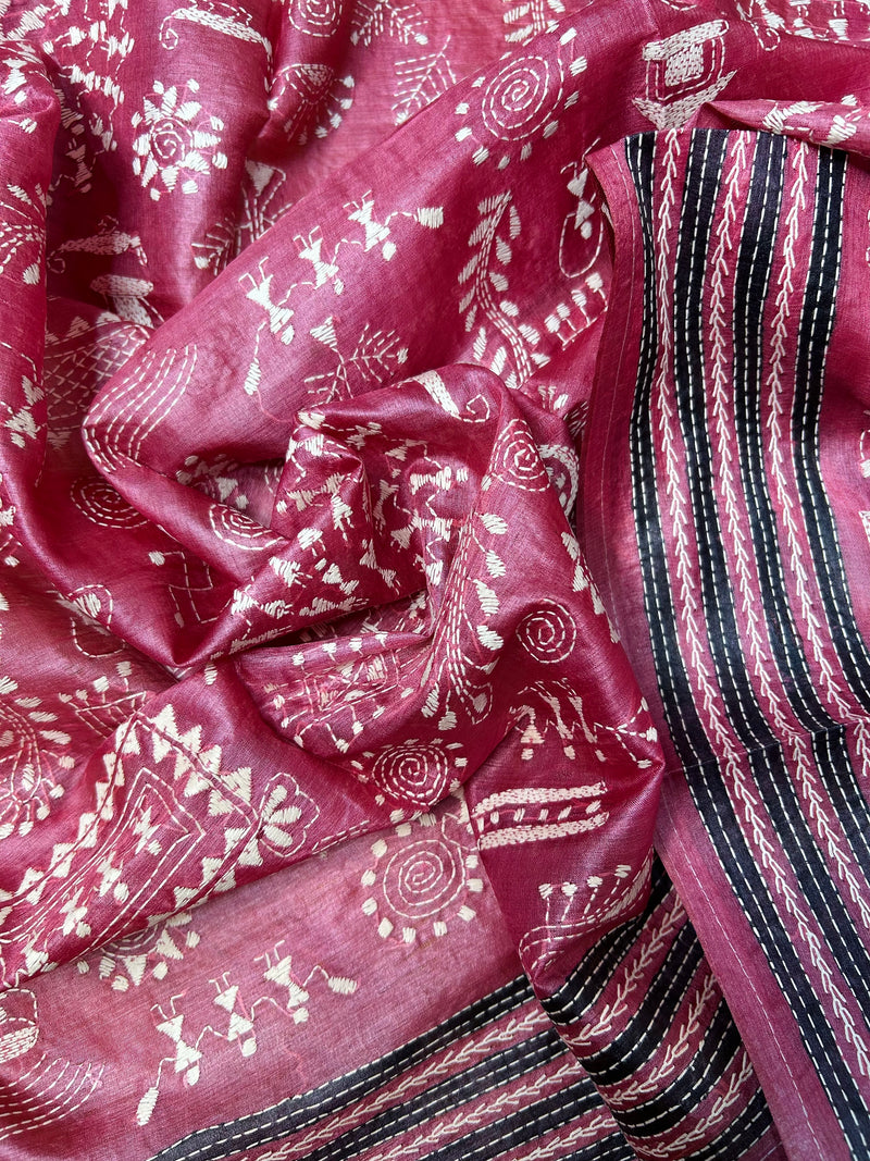 Hand Embroidered Silk Kantha Dupatta - Pink Warli