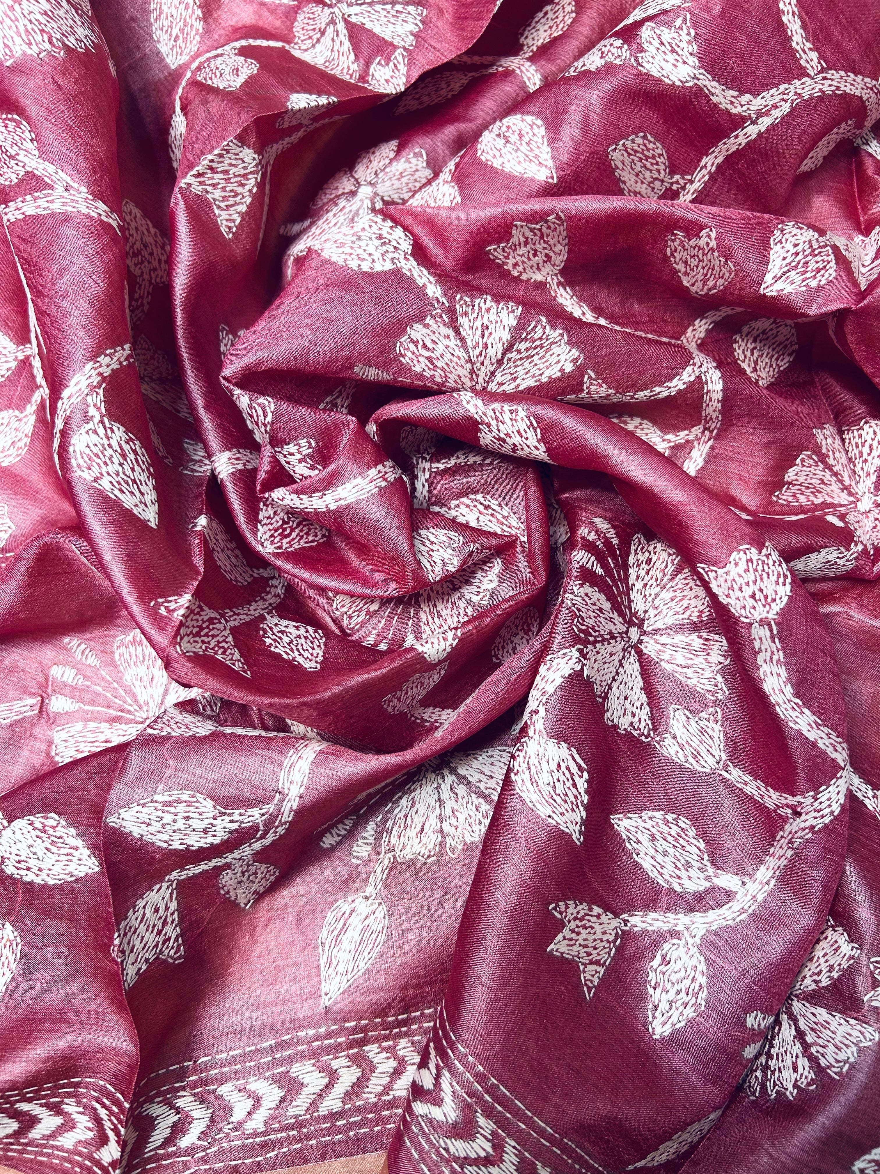 Hand Embroidered Silk Kantha Dupatta - Mauve