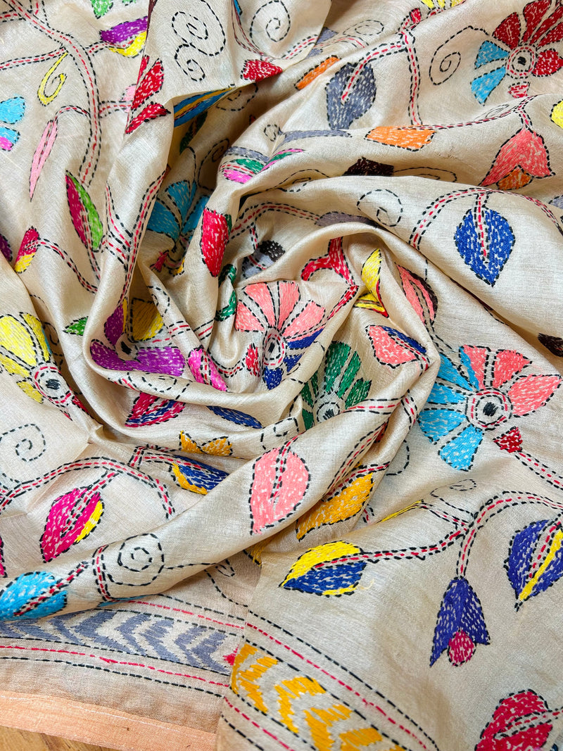 Hand Embroidered Silk Kantha Dupatta - Beige