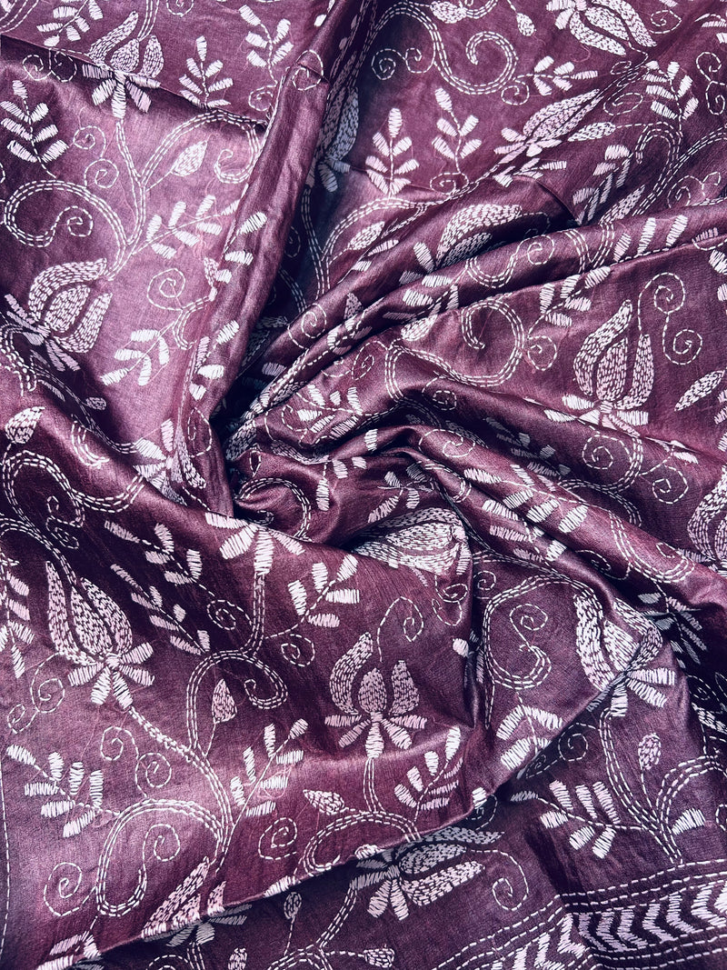 Hand Embroidered Silk Kantha Dupatta - Wine