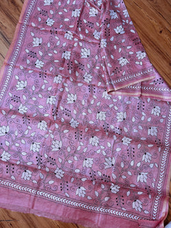 Hand Embroidered Silk Kantha Dupatta - Pink