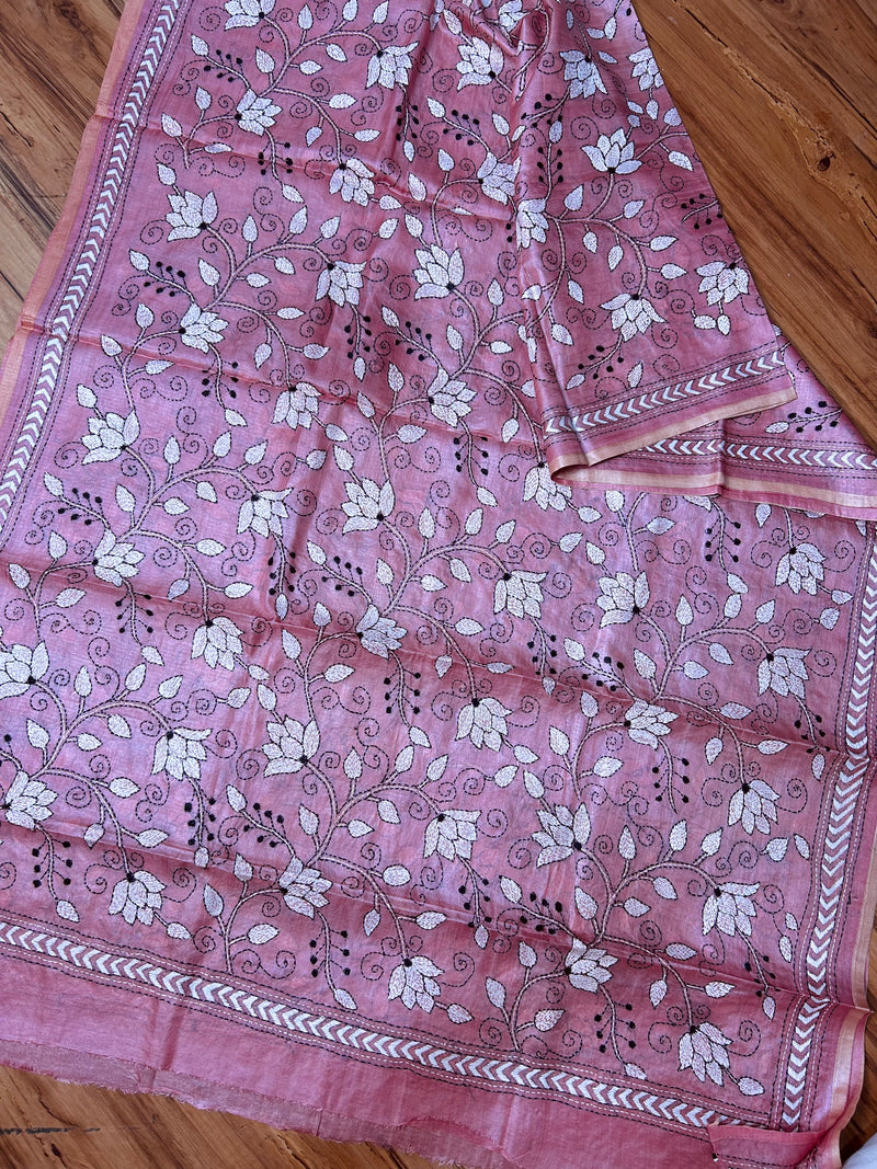 Hand Embroidered Silk Kantha Dupatta - Pink