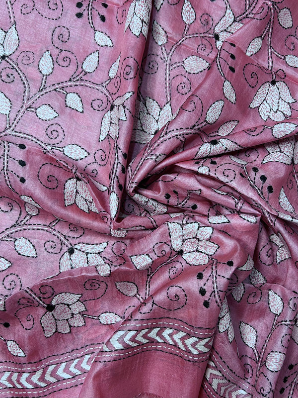 Hand Embroidered Silk Kantha Dupatta - Pink