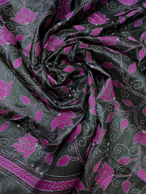 Hand Embroidered Silk Kantha Dupatta - Grey Pink