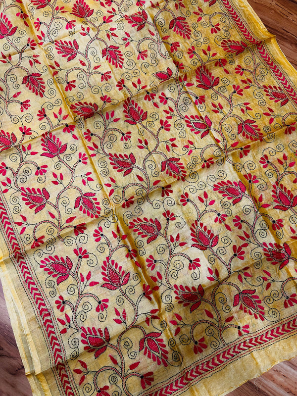 Hand Embroidered Silk Kantha Dupatta - Yellow